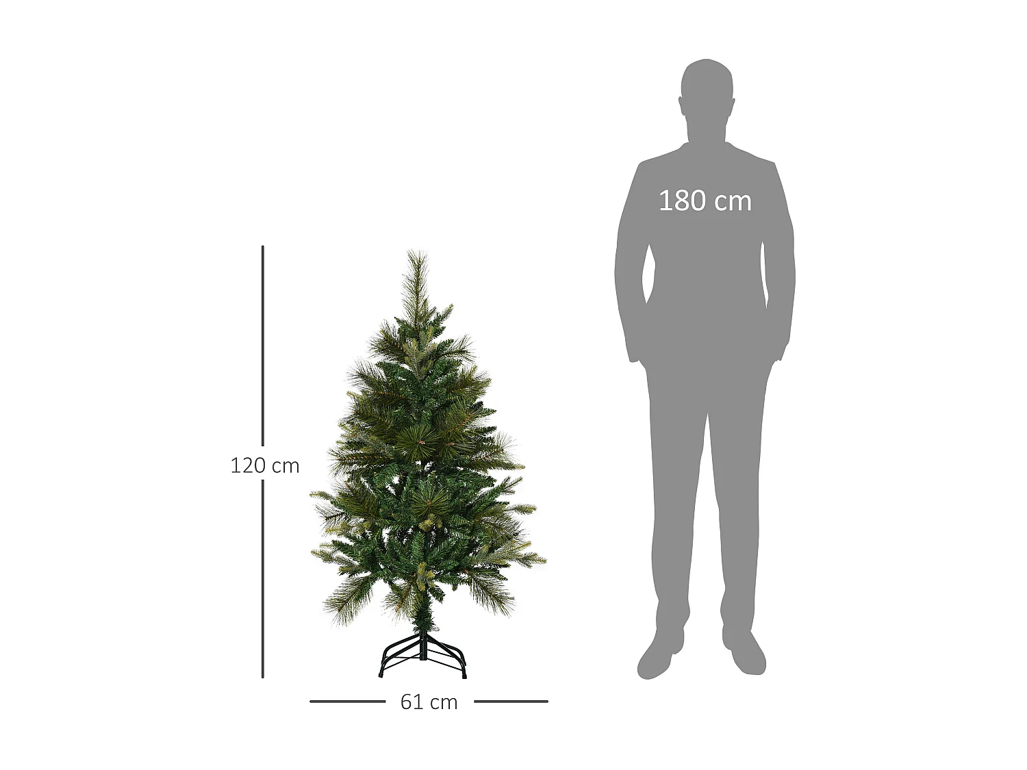 Sapin de Noël artificiel Ø 61 x 120H cm pied support inclus 260 branches épines grand réalisme vert