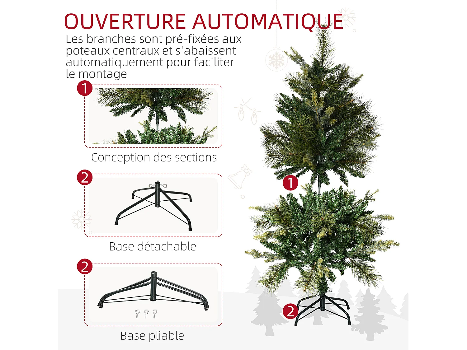 Sapin de Noël artificiel Ø 61 x 120H cm pied support inclus 260 branches épines grand réalisme vert