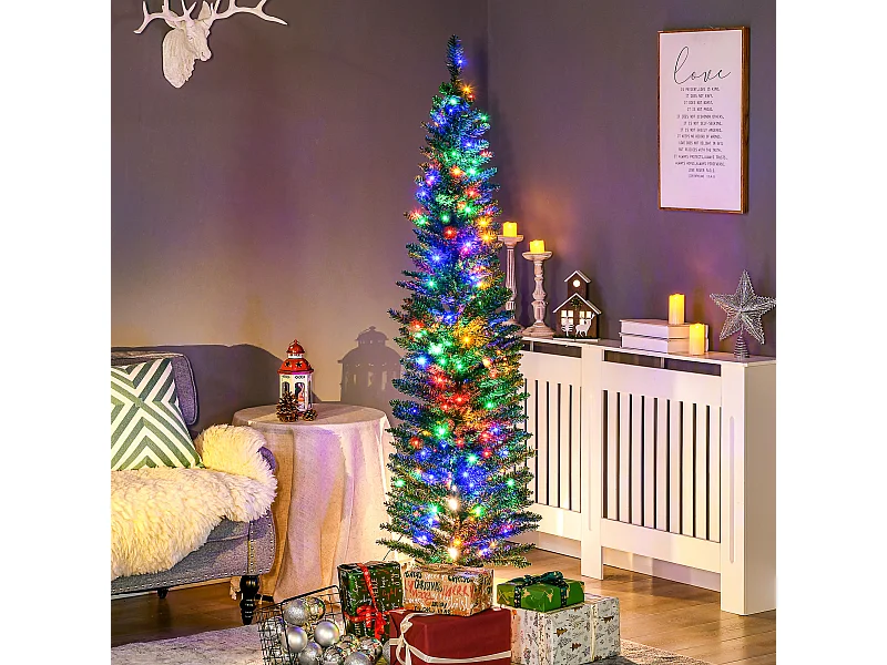 Sapin de Noël artificiel lumineux 150 LED multicolores Ø 50 x 180H cm 390 branches forme cyprès vert