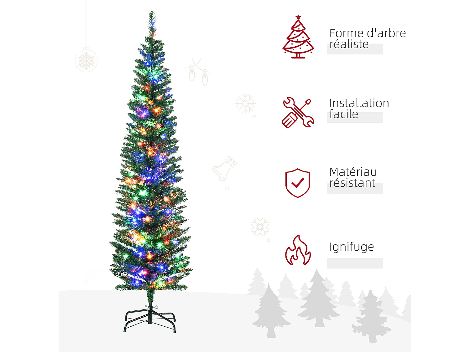 Sapin de Noël artificiel lumineux 150 LED multicolores Ø 50 x 180H cm 390 branches forme cyprès vert