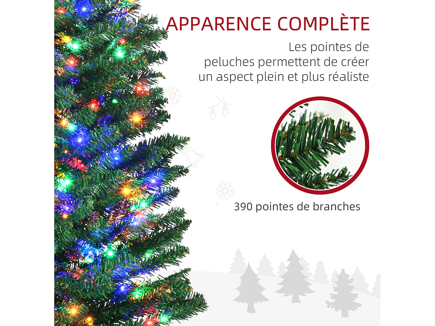Sapin de Noël artificiel lumineux 150 LED multicolores Ø 50 x 180H cm 390 branches forme cyprès vert