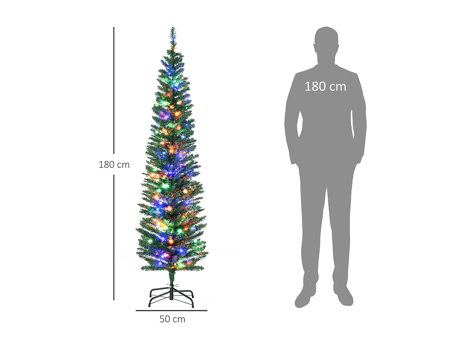 Sapin de Noël artificiel lumineux 150 LED multicolores Ø 50 x 180H cm 390 branches forme cyprès vert