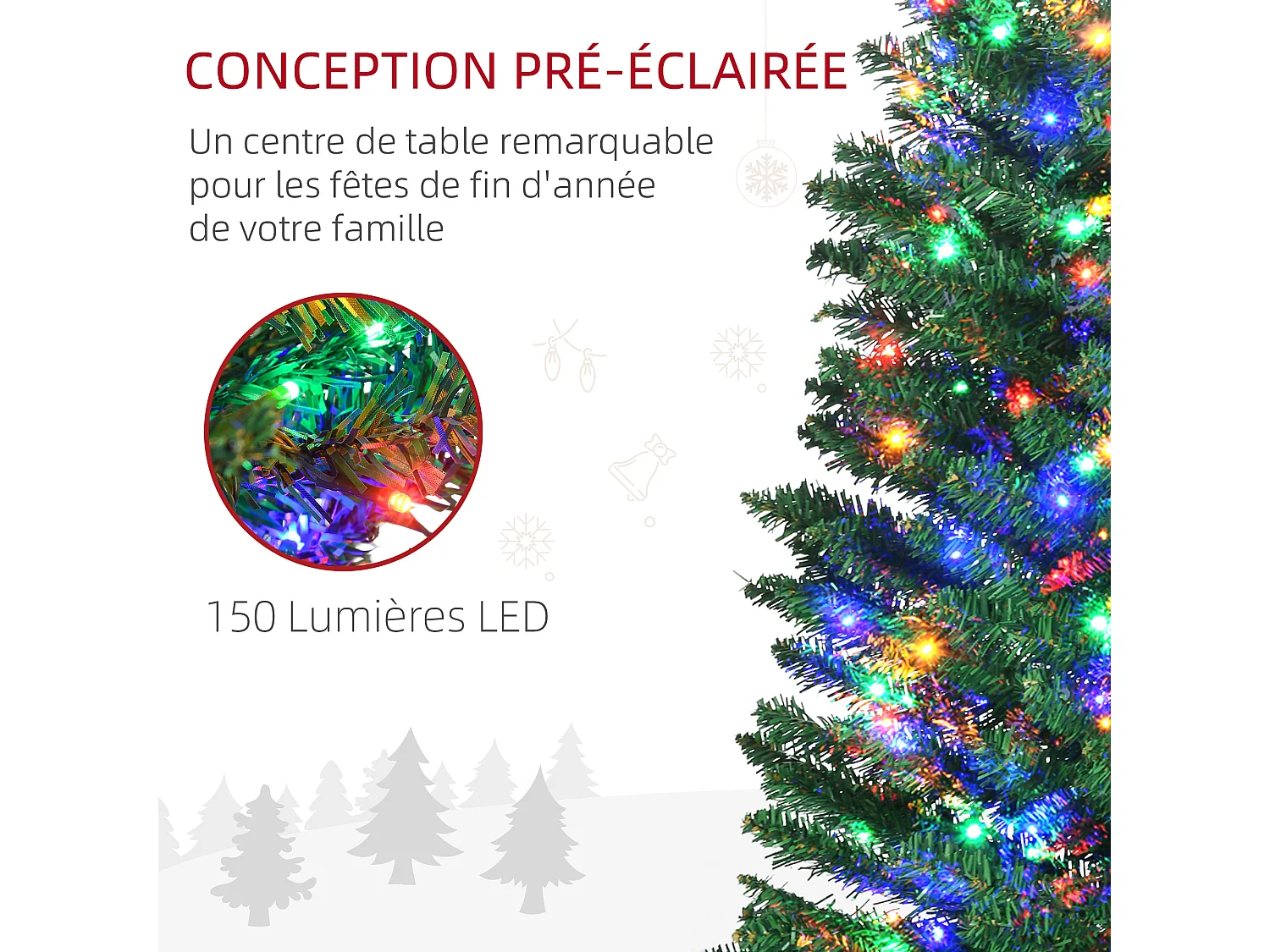 Sapin de Noël artificiel lumineux 150 LED multicolores Ø 50 x 180H cm 390 branches forme cyprès vert
