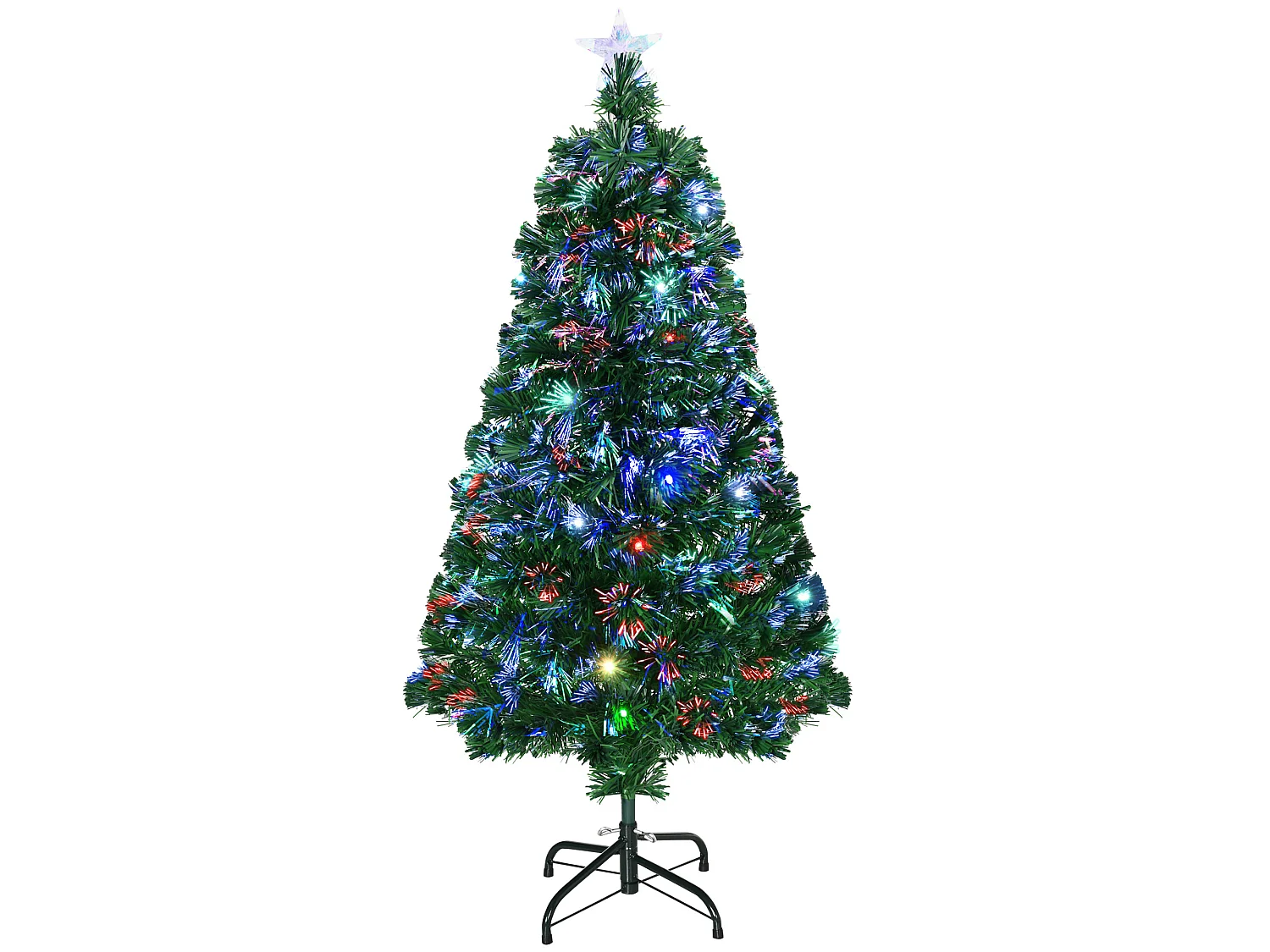 Sapin de Noël artificiel lumineux fibre optique LED multicolore + support pied Ø 60 x 120H cm 130 branches étoile sommet brillante vert