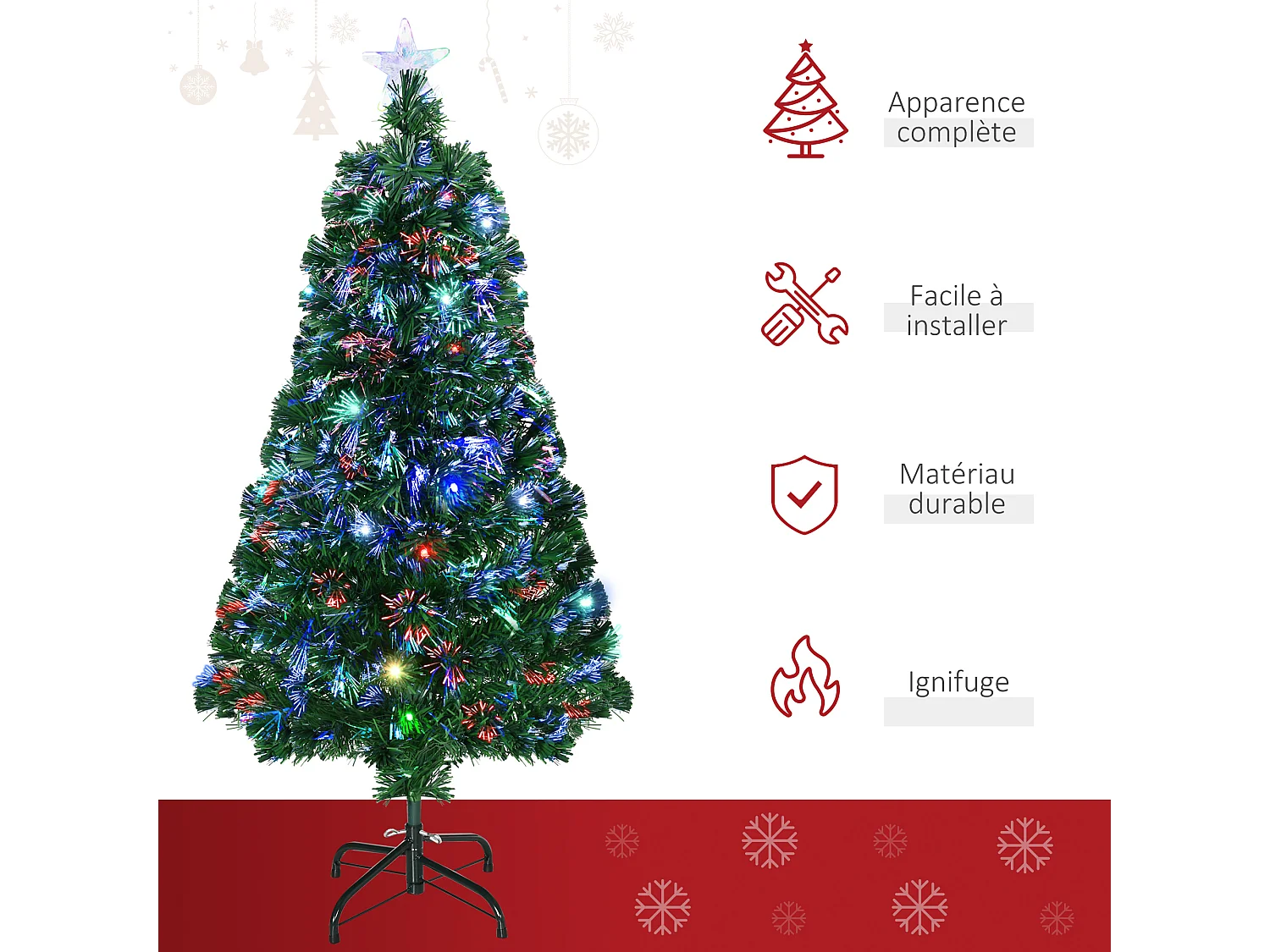 Sapin de Noël artificiel lumineux fibre optique LED multicolore + support pied Ø 60 x 120H cm 130 branches étoile sommet brillante vert