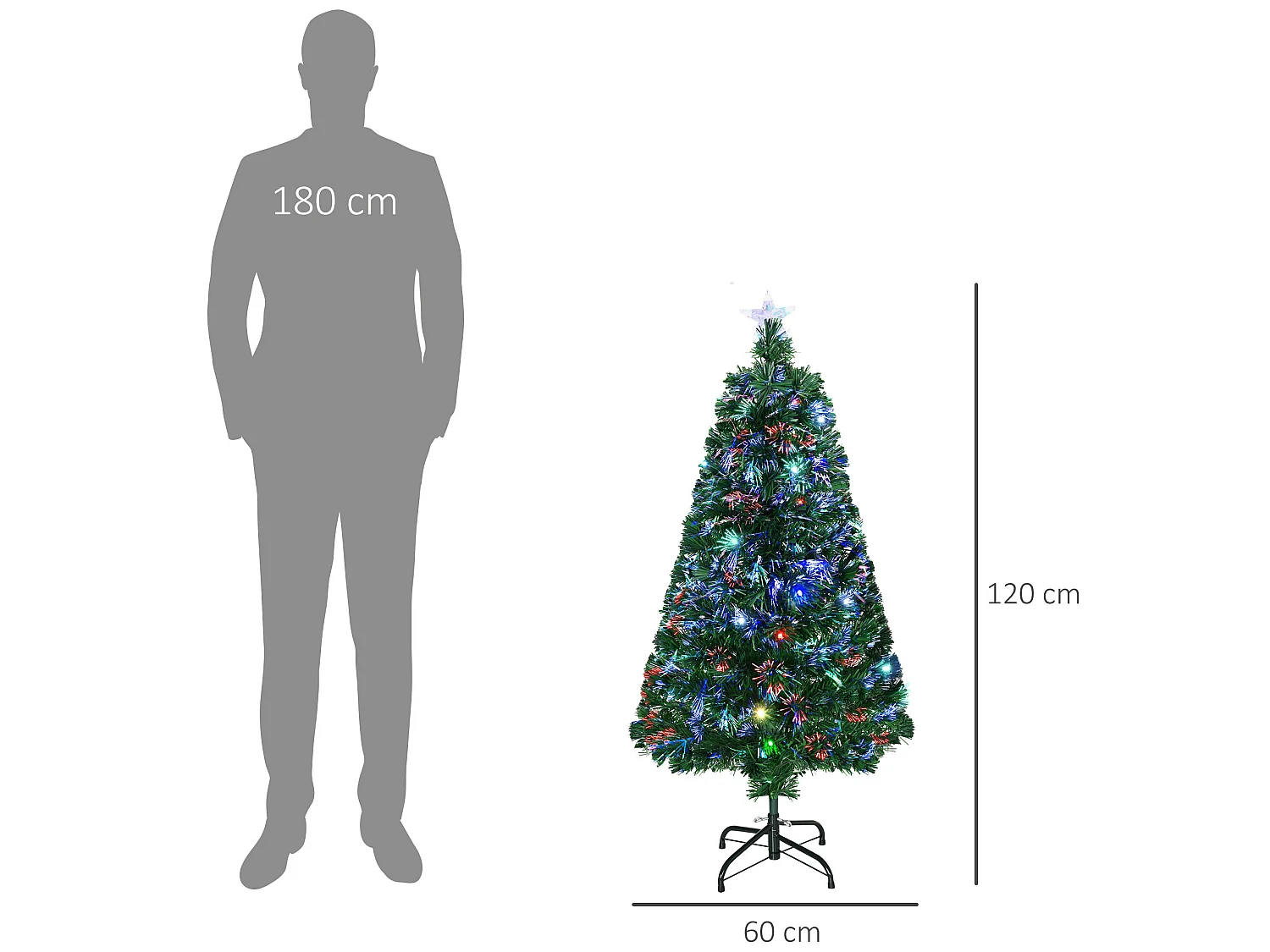 Sapin de Noël artificiel lumineux fibre optique LED multicolore + support pied Ø 60 x 120H cm 130 branches étoile sommet brillante vert