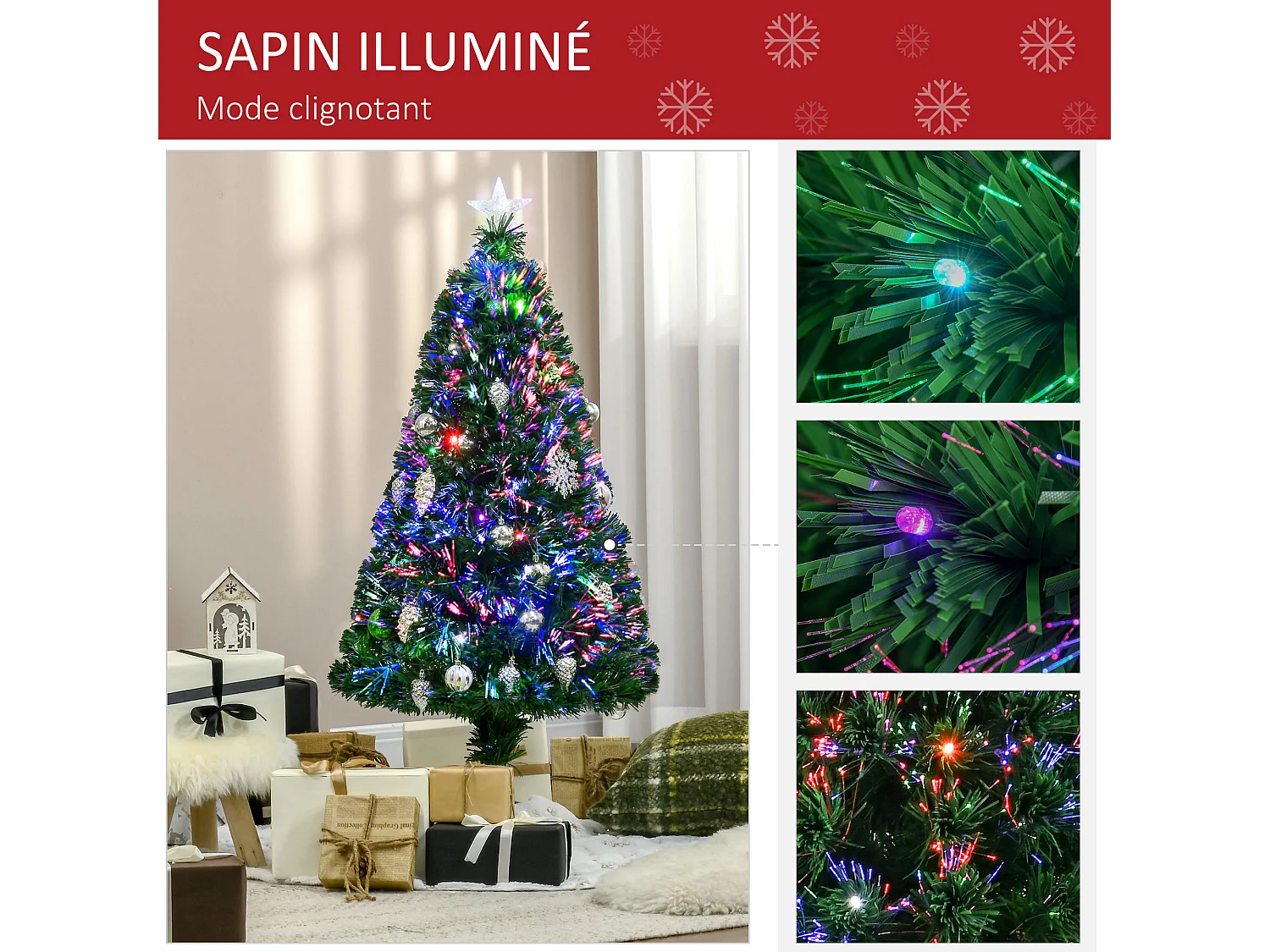 Sapin de Noël artificiel lumineux fibre optique LED multicolore + support pied Ø 60 x 120H cm 130 branches étoile sommet brillante vert