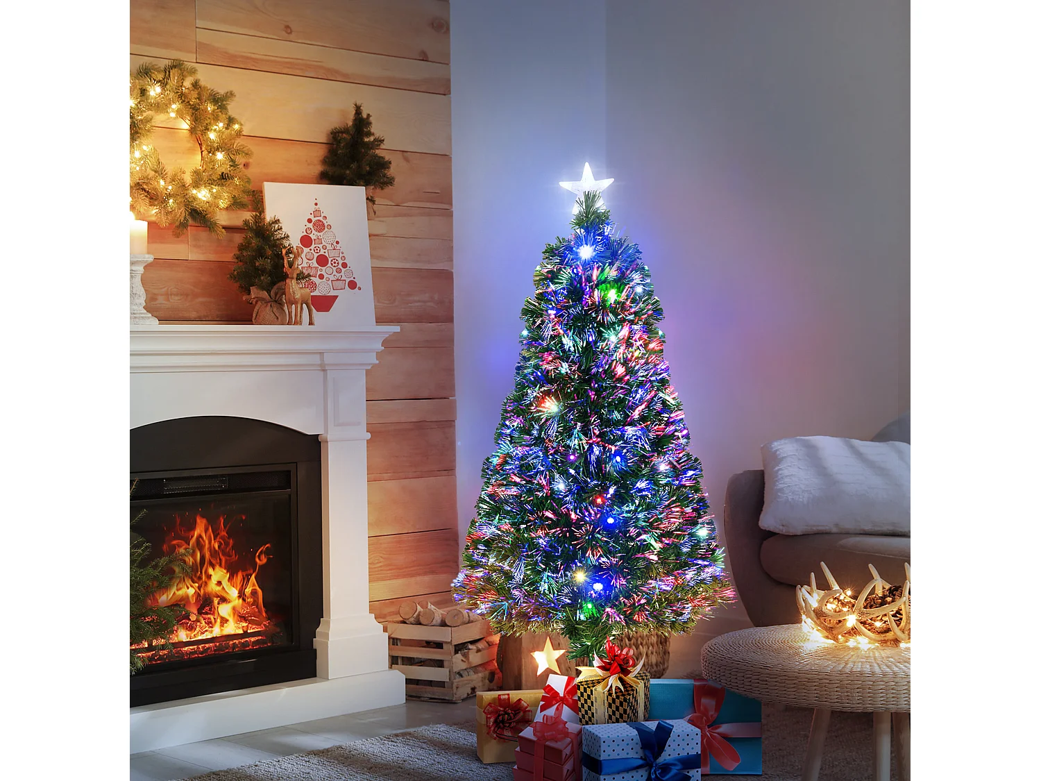 Sapin de Noël artificiel lumineux fibre optique LED multicolore + support pied Ø 60 x 120H cm 130 branches étoile sommet brillante vert