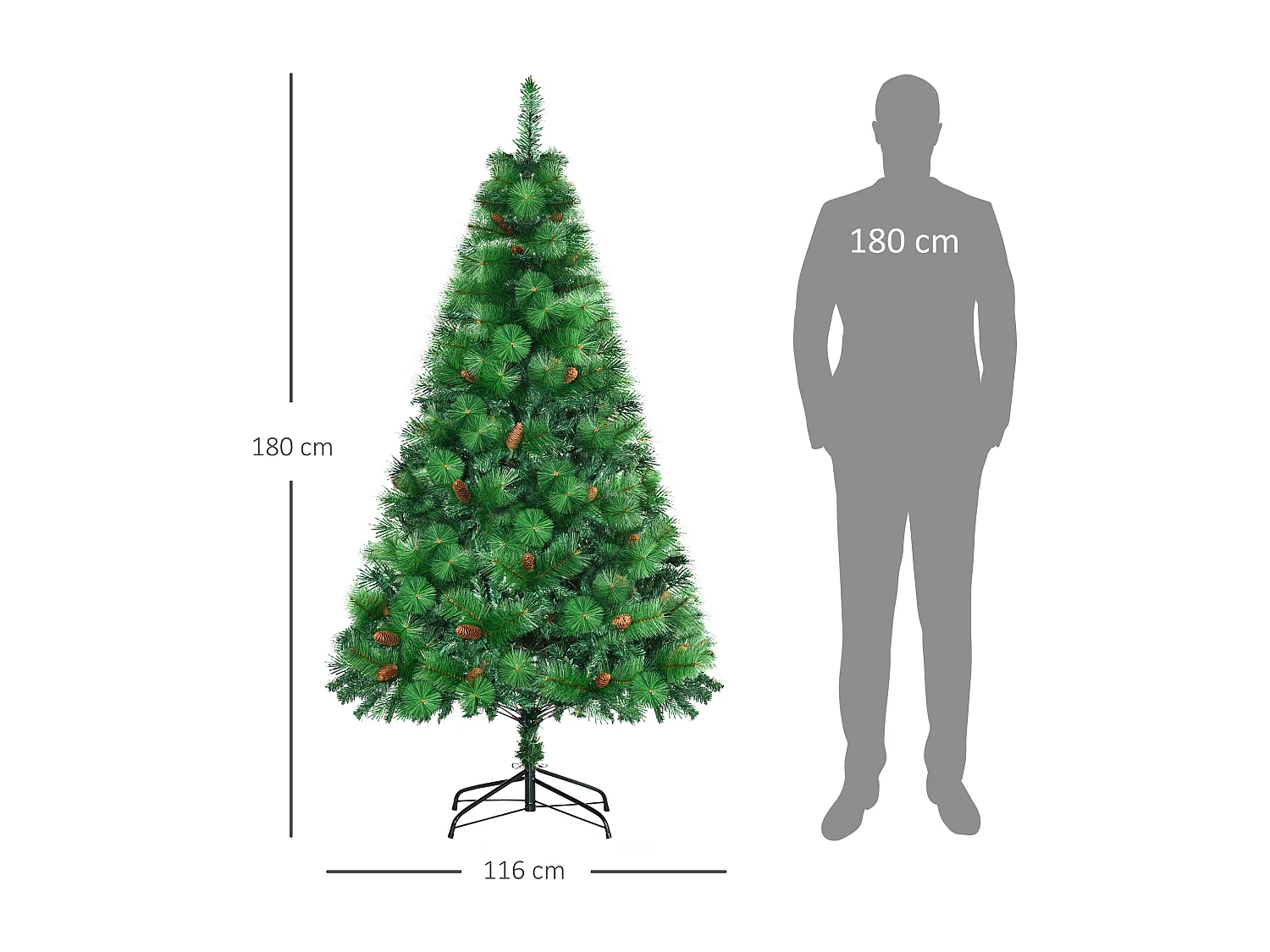 Sapin de Noël artificiel 782 branches épines grand réalisme avec pommes de pin - hauteur 180 cm vert