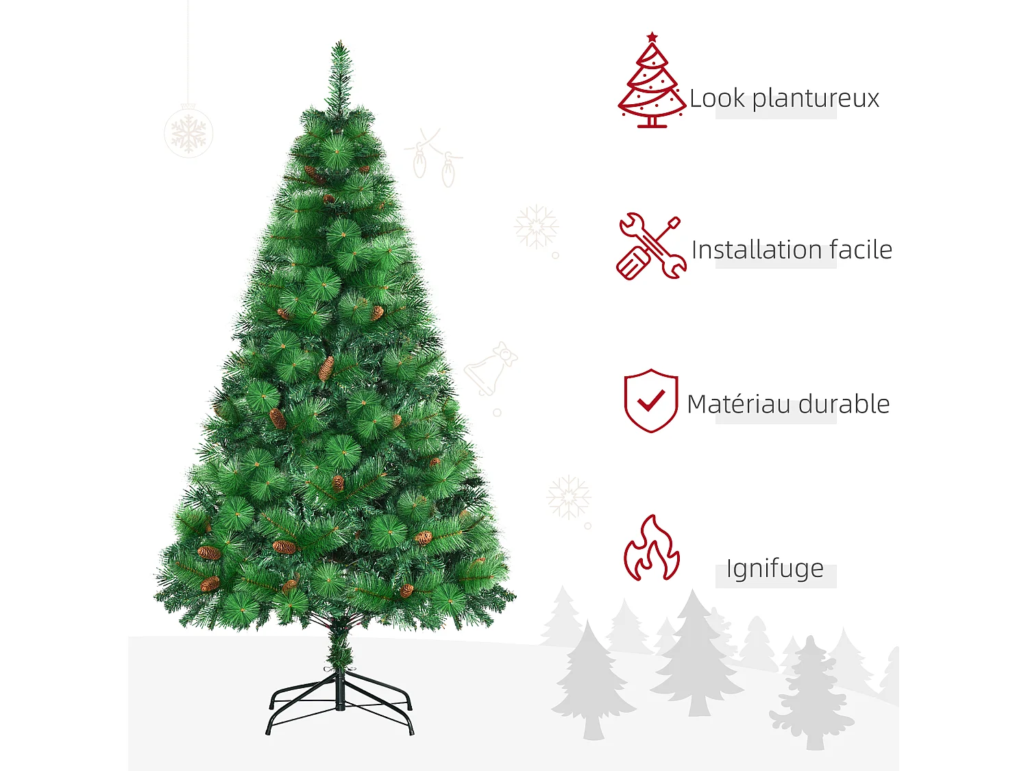 Sapin de Noël artificiel 782 branches épines grand réalisme avec pommes de pin - hauteur 180 cm vert