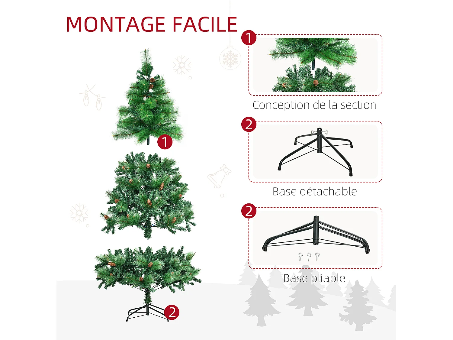 Sapin de Noël artificiel 782 branches épines grand réalisme avec pommes de pin - hauteur 180 cm vert