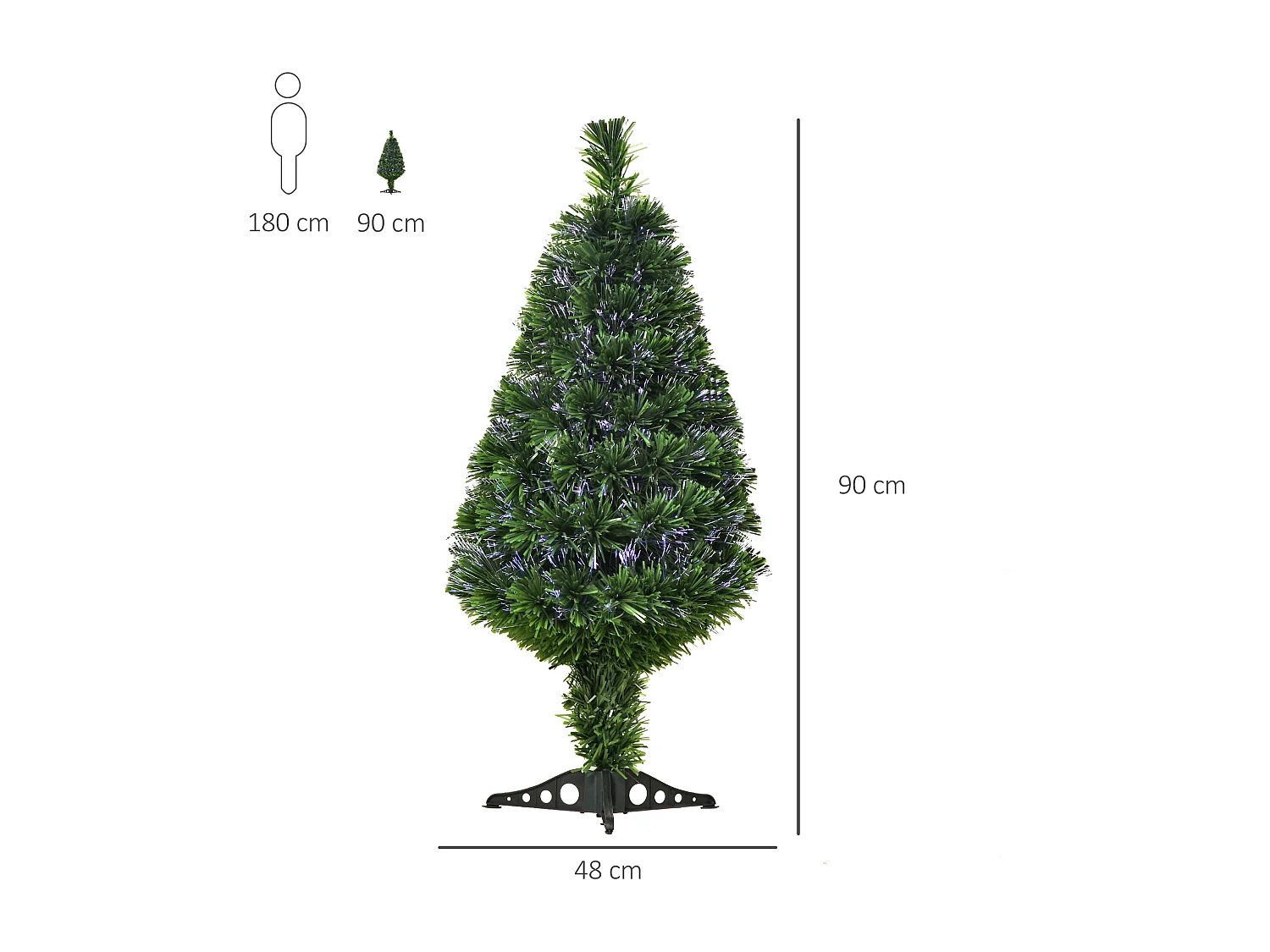 Sapin de Noël artificiel lumineux fibre optique multicolore + support pied Ø 48 x 90H cm 90 branches vert