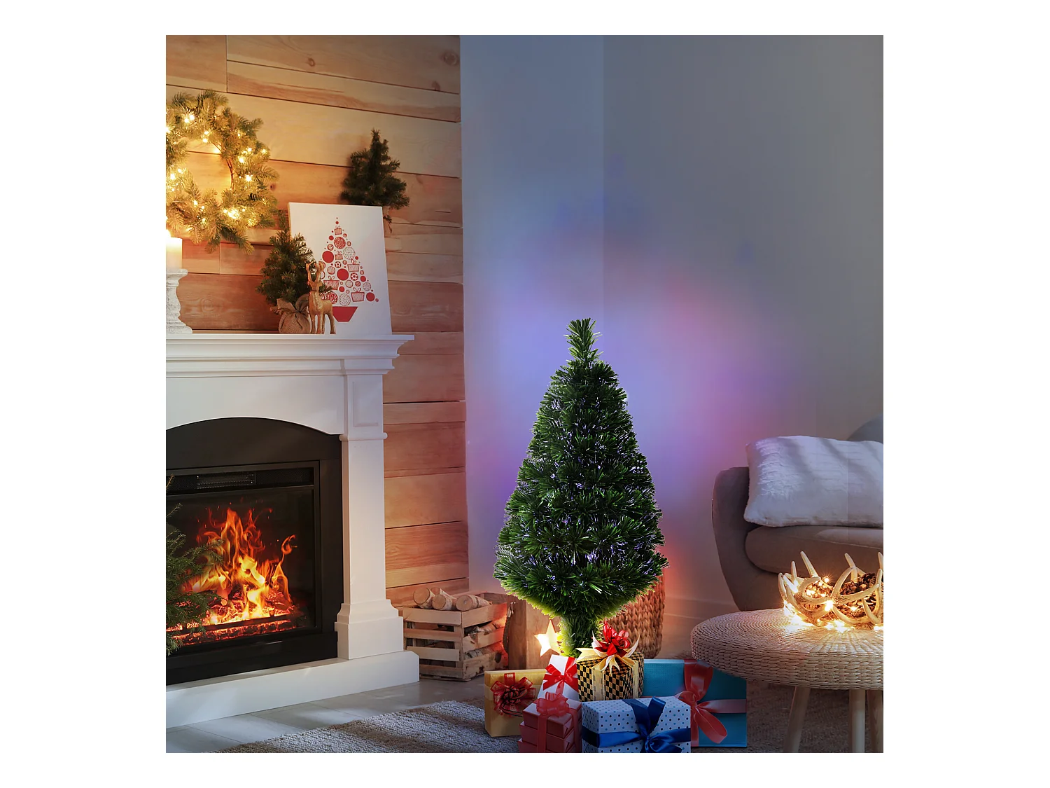 Sapin de Noël artificiel lumineux fibre optique multicolore + support pied Ø 48 x 90H cm 90 branches vert