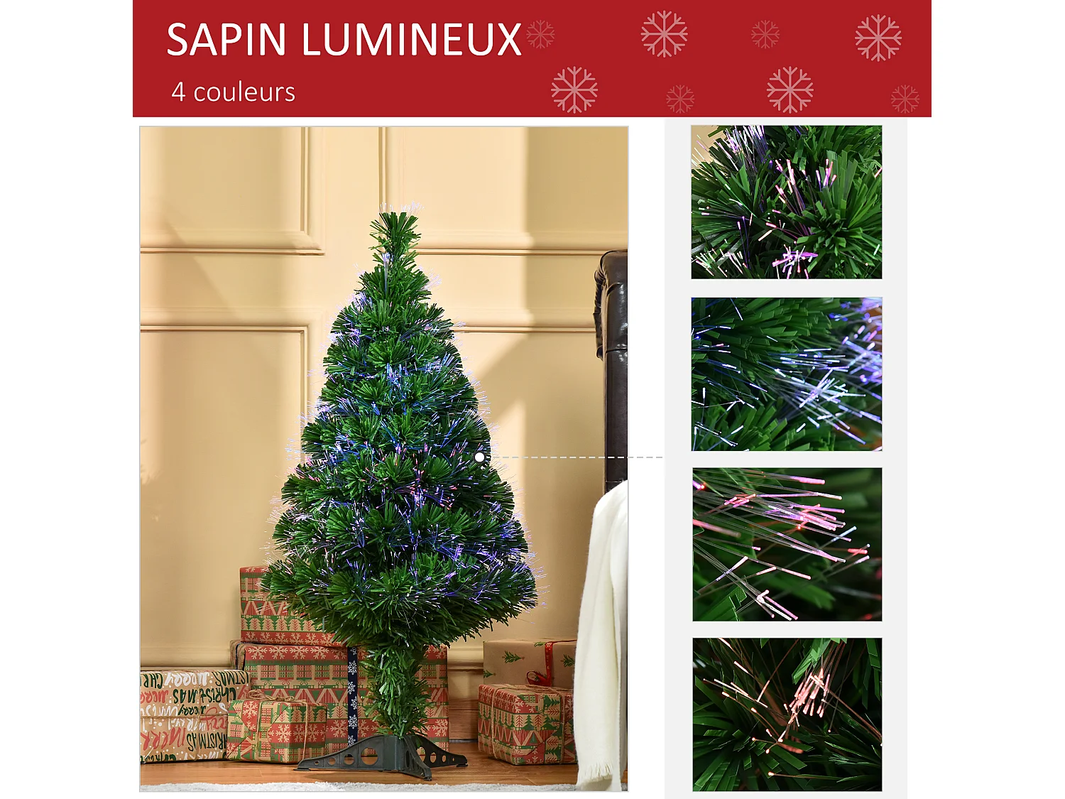Sapin de Noël artificiel lumineux fibre optique multicolore + support pied Ø 48 x 90H cm 90 branches vert