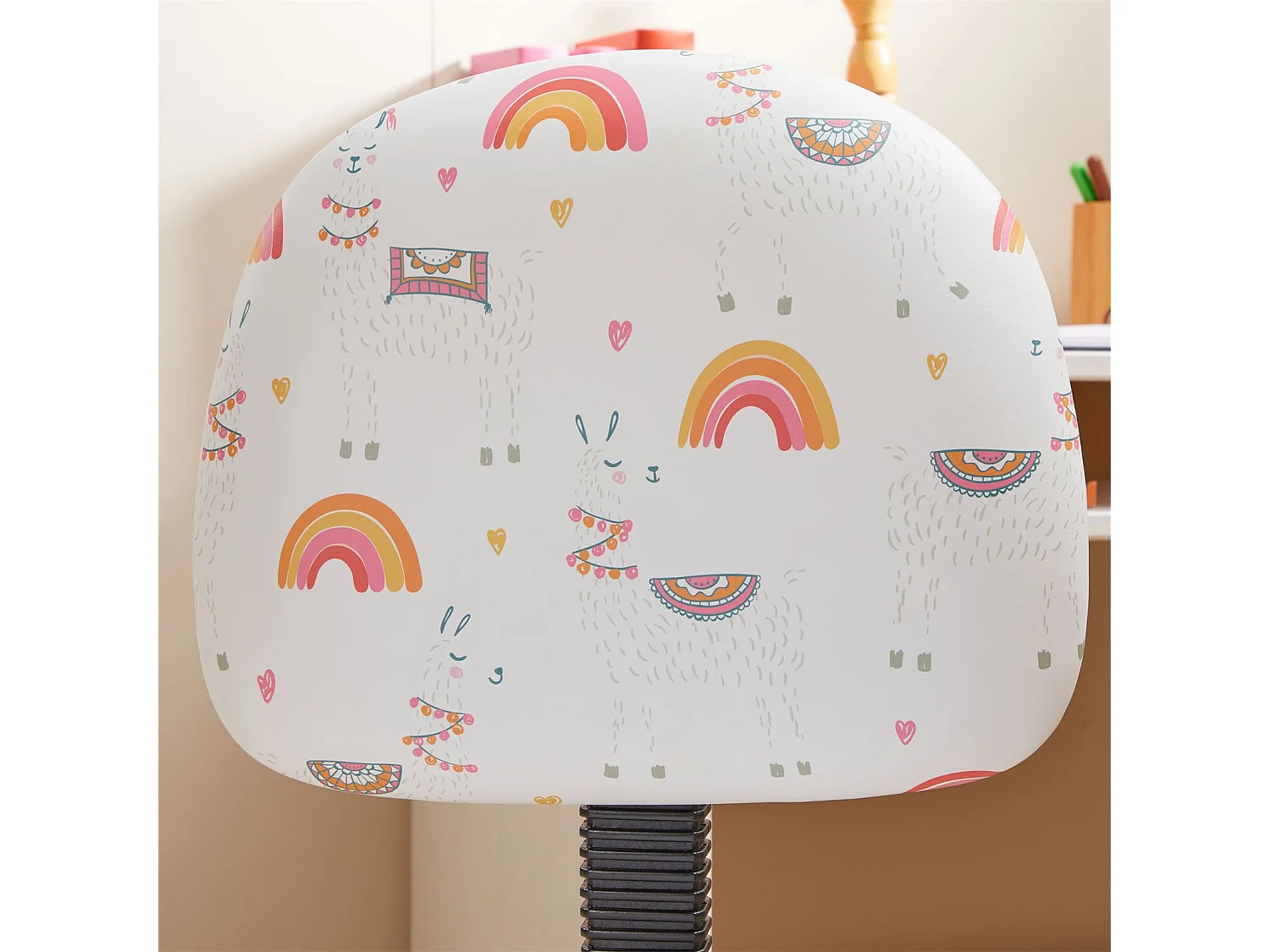 Chaise de bureau pour enfant ALPACA fauteuil pivotant à roulettes avec hauteur réglable, en synthétique blanc avec motif lama