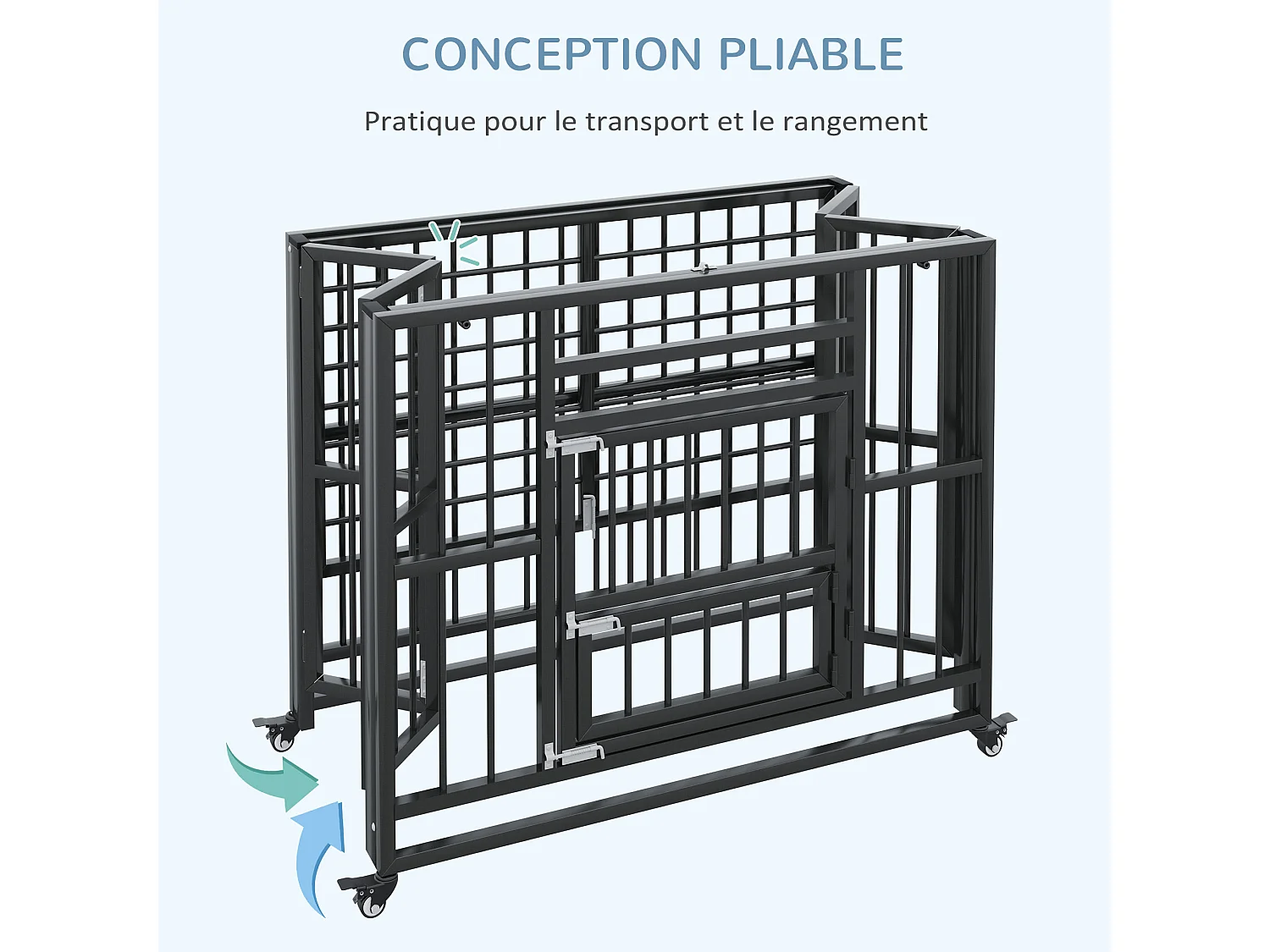 Cage pour chien animaux cage de transport sur roulettes pliable 3 portes verrouillables plateau amovible acier noir