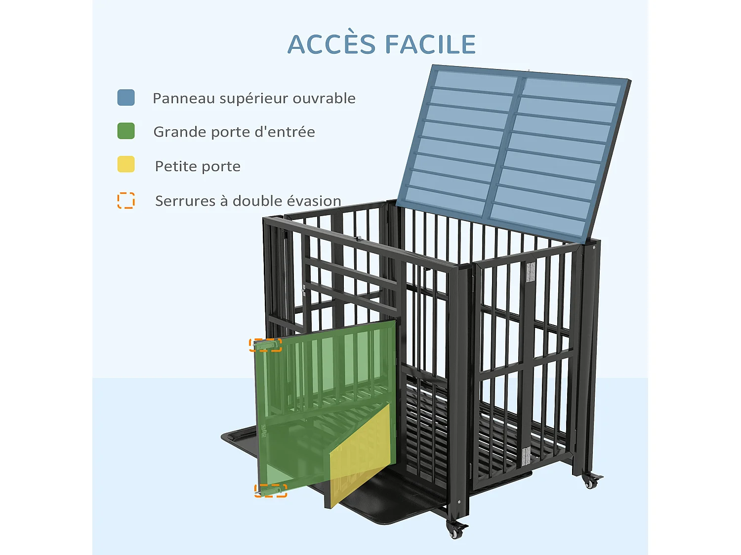 Cage pour chien animaux cage de transport sur roulettes pliable 3 portes verrouillables plateau amovible acier noir
