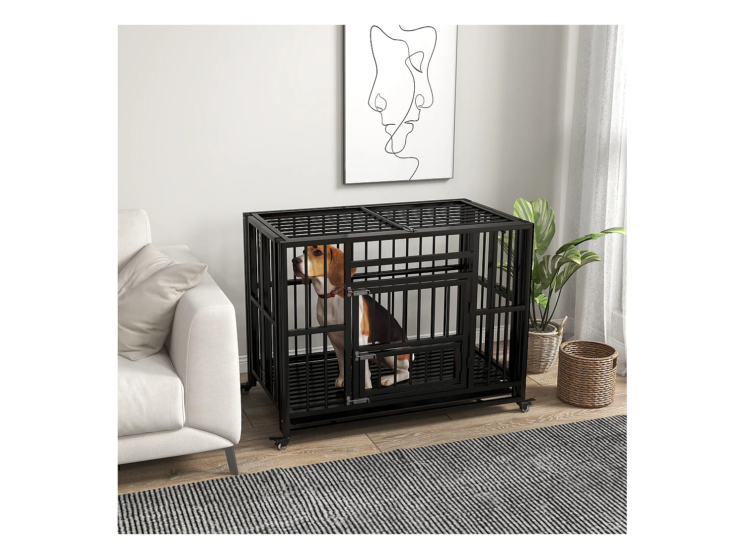Cage pour chien animaux cage de transport sur roulettes pliable 3 portes verrouillables plateau amovible acier noir