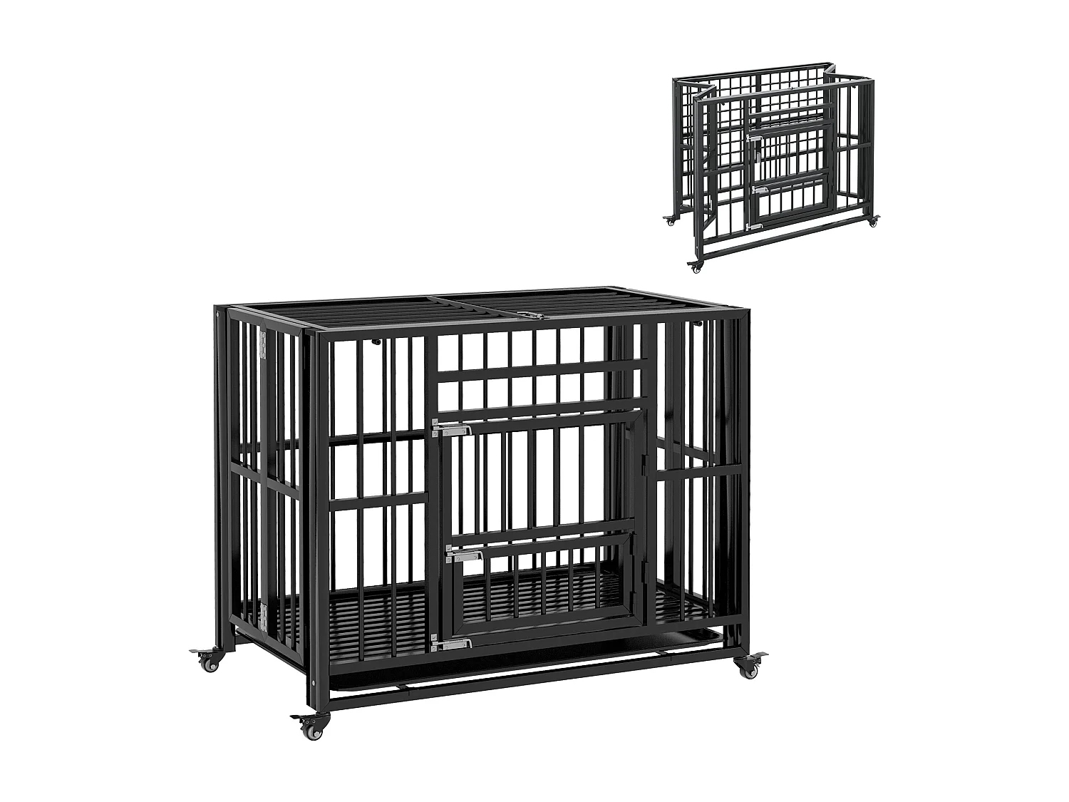 Cage pour chien animaux cage de transport sur roulettes pliable 3 portes verrouillables plateau amovible acier noir