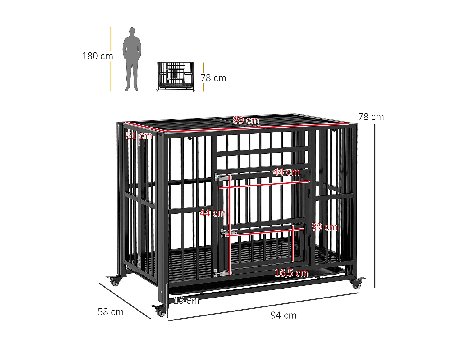 Cage pour chien animaux cage de transport sur roulettes pliable 3 portes verrouillables plateau amovible acier noir
