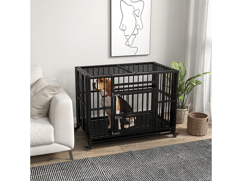 Cage pour chien animaux cage de transport sur roulettes pliable 3 portes verrouillables plateau amovible acier noir