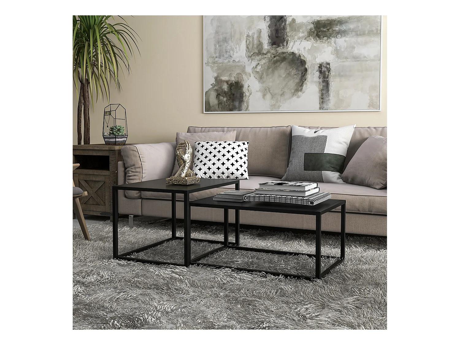 Lot de 2 tables basses gigognes rectangulaires design contemporain encastrable acier noir