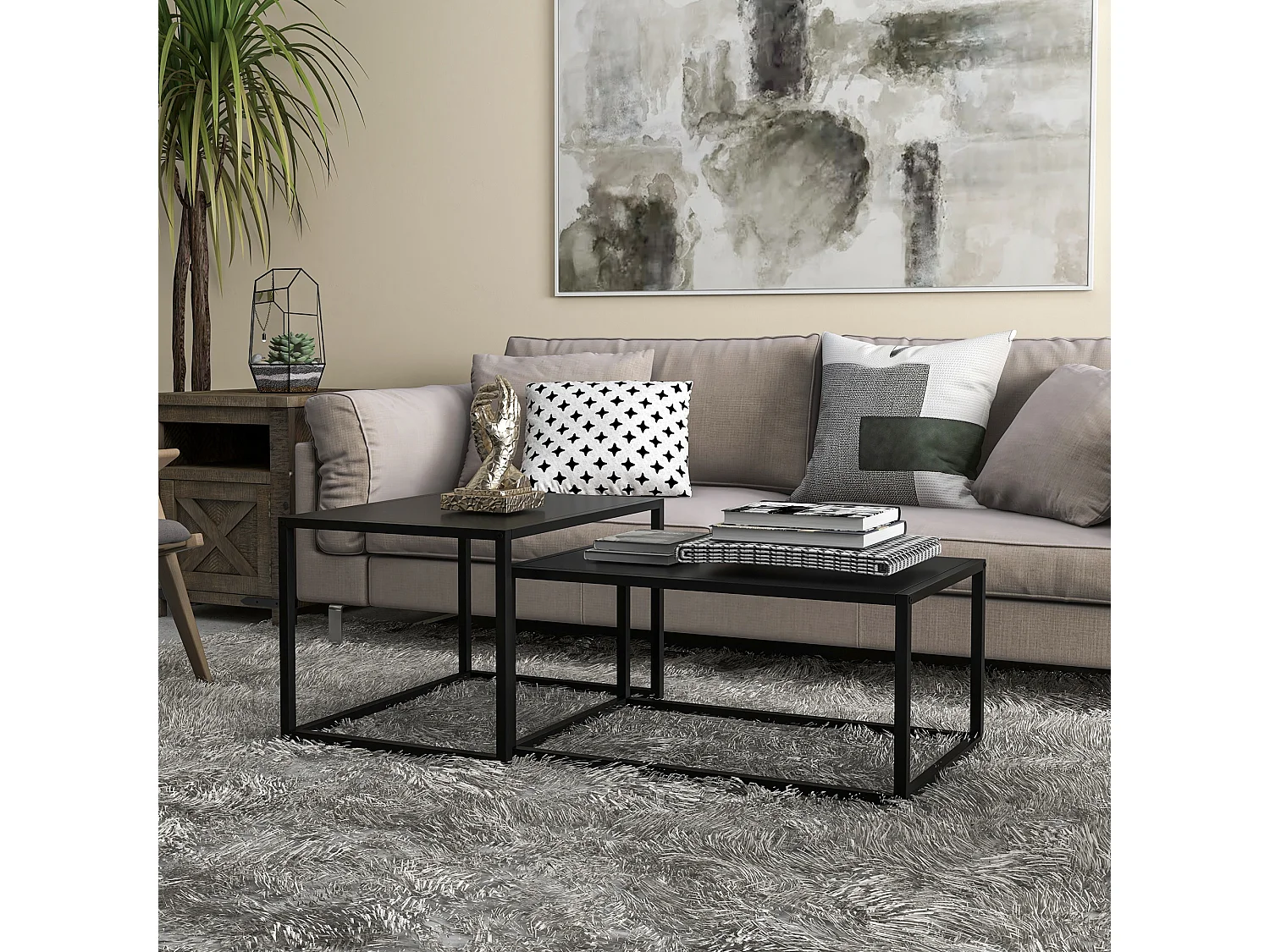 Lot de 2 tables basses gigognes rectangulaires design contemporain encastrable acier noir