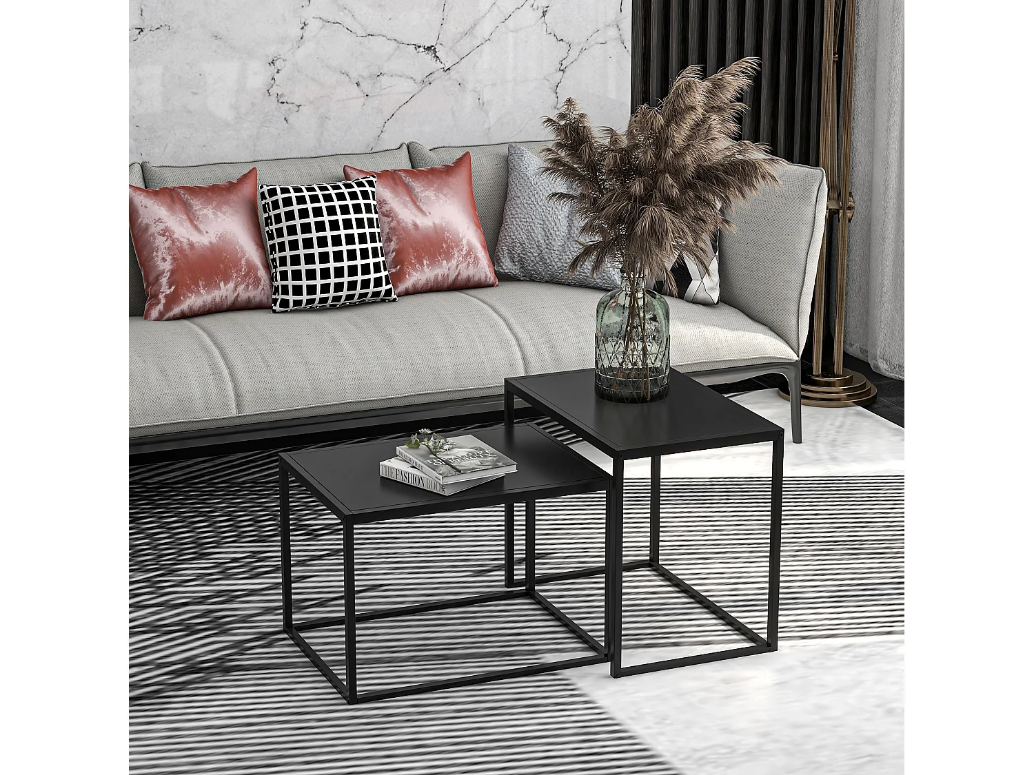 Lot de 2 tables basses gigognes rectangulaires design contemporain encastrable acier noir