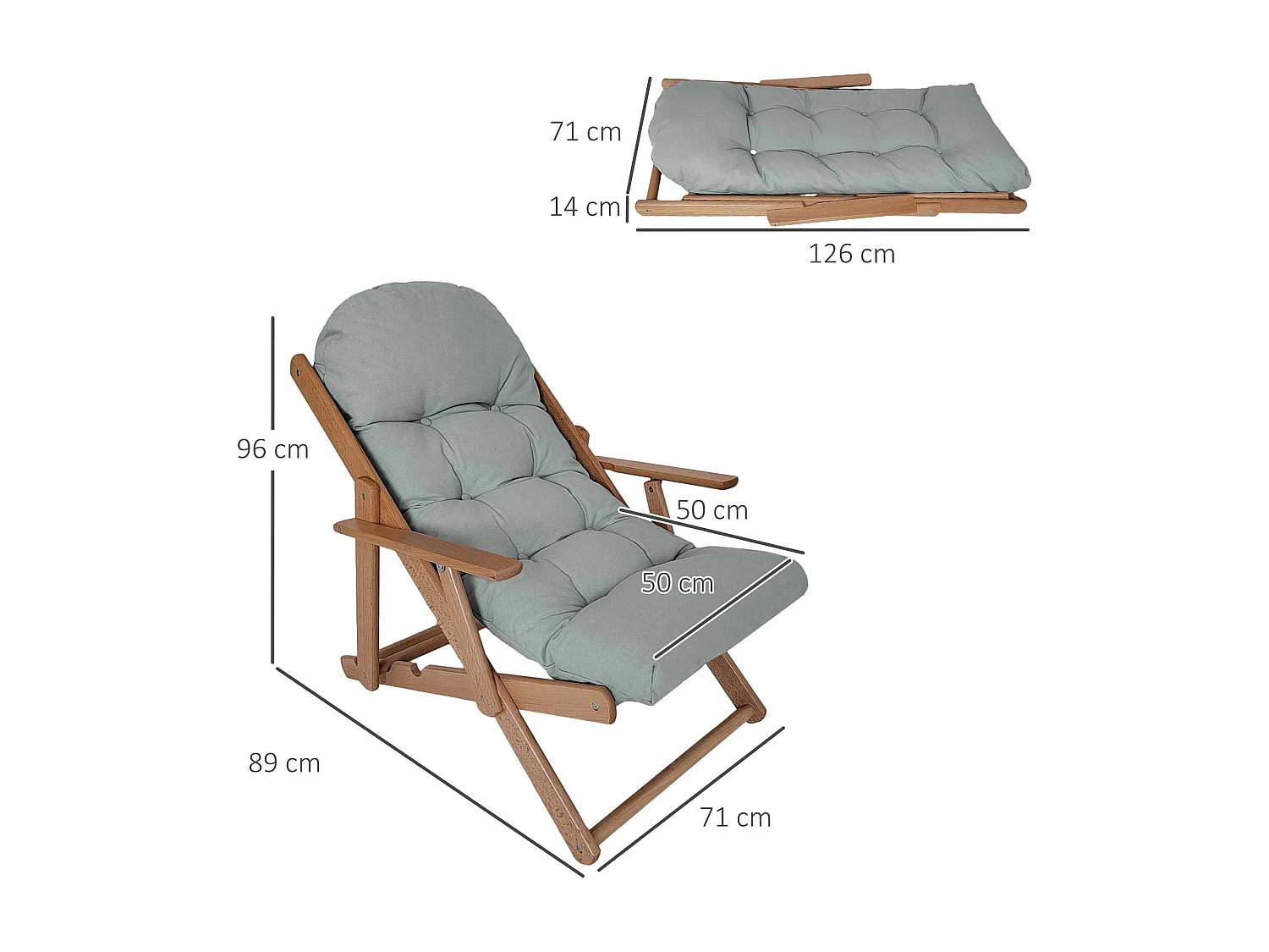 Fauteuil chaise pliable et inclinable en bois grand confort avec coussin capitonné épais - dim. 71I x 89P x 96H cm - gris