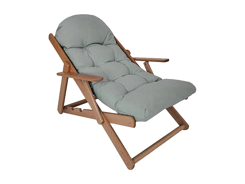 Fauteuil chaise pliable et inclinable en bois grand confort avec coussin capitonné épais - dim. 71I x 89P x 96H cm - gris