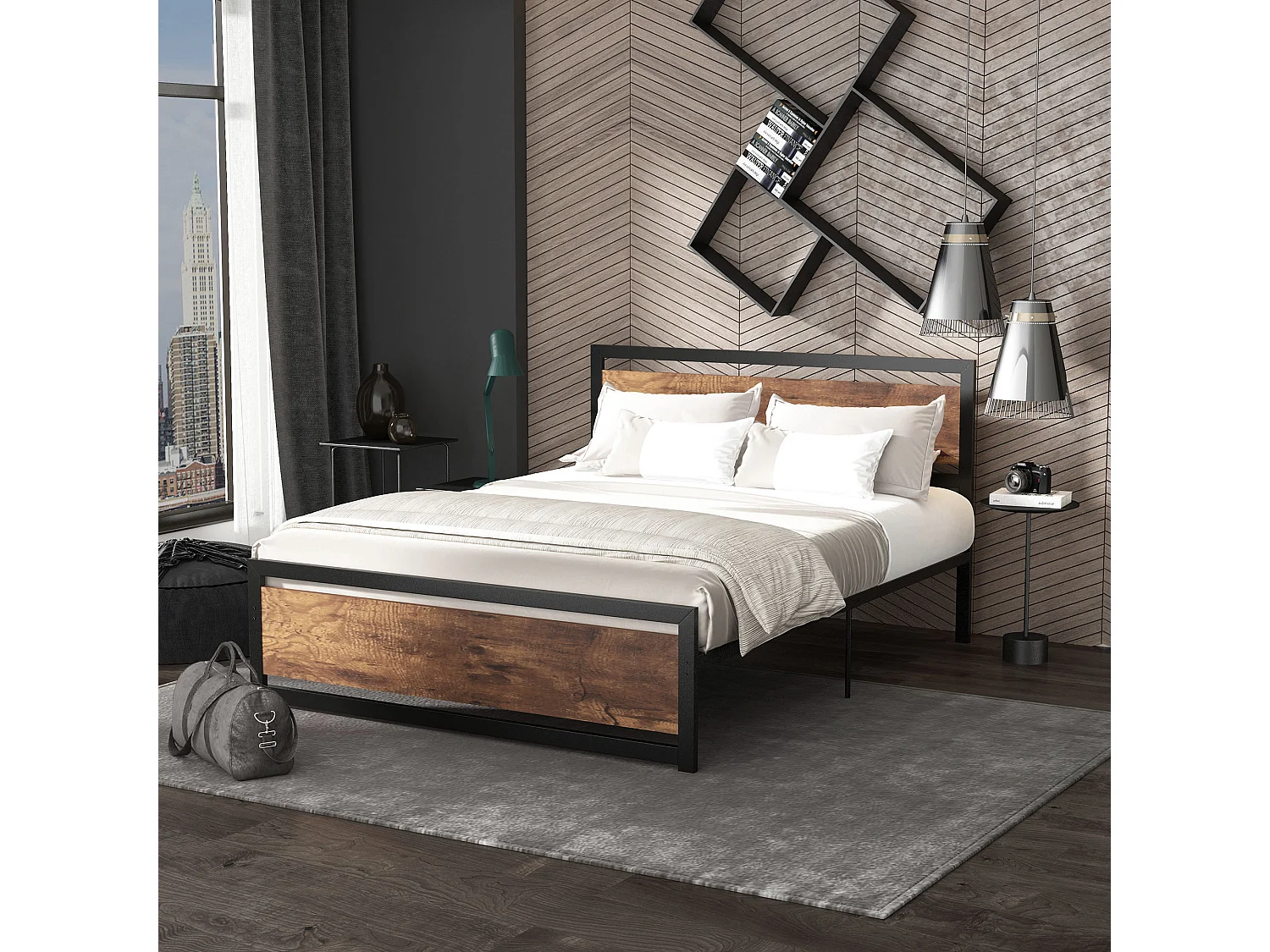 Lit double design industriel - tête de lit, pied de lit et sommier - acier noir MDF aspect bois avec veinage