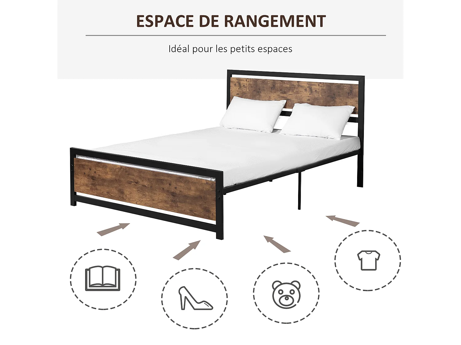 Lit double design industriel - tête de lit, pied de lit et sommier - acier noir MDF aspect bois avec veinage