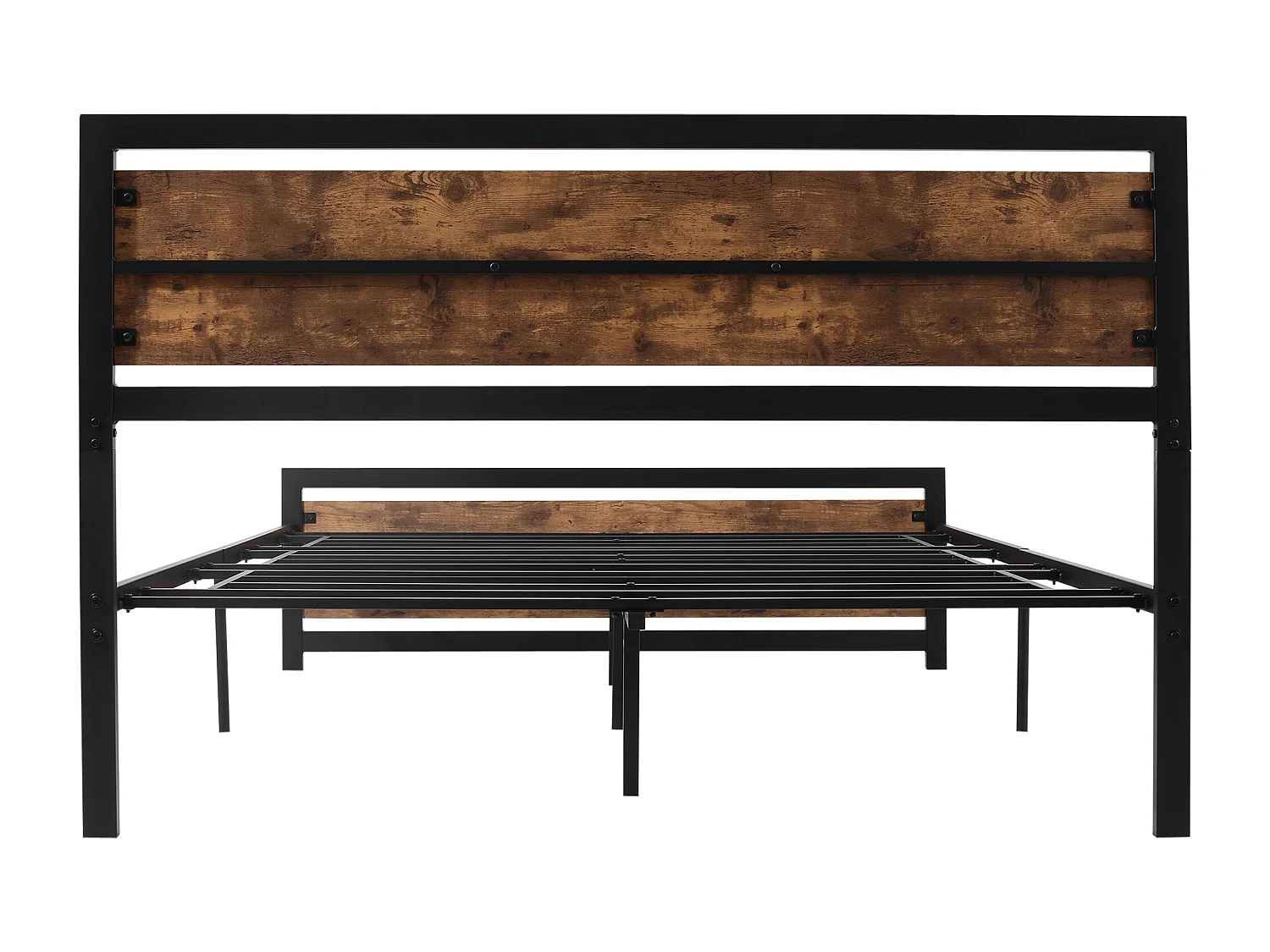 Lit double design industriel - tête de lit, pied de lit et sommier - acier noir MDF aspect bois avec veinage