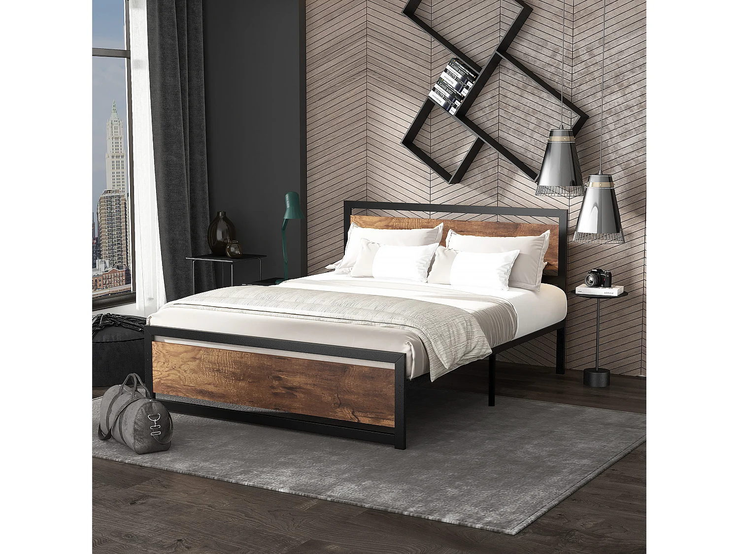 Lit double design industriel - tête de lit, pied de lit et sommier - acier noir MDF aspect bois avec veinage