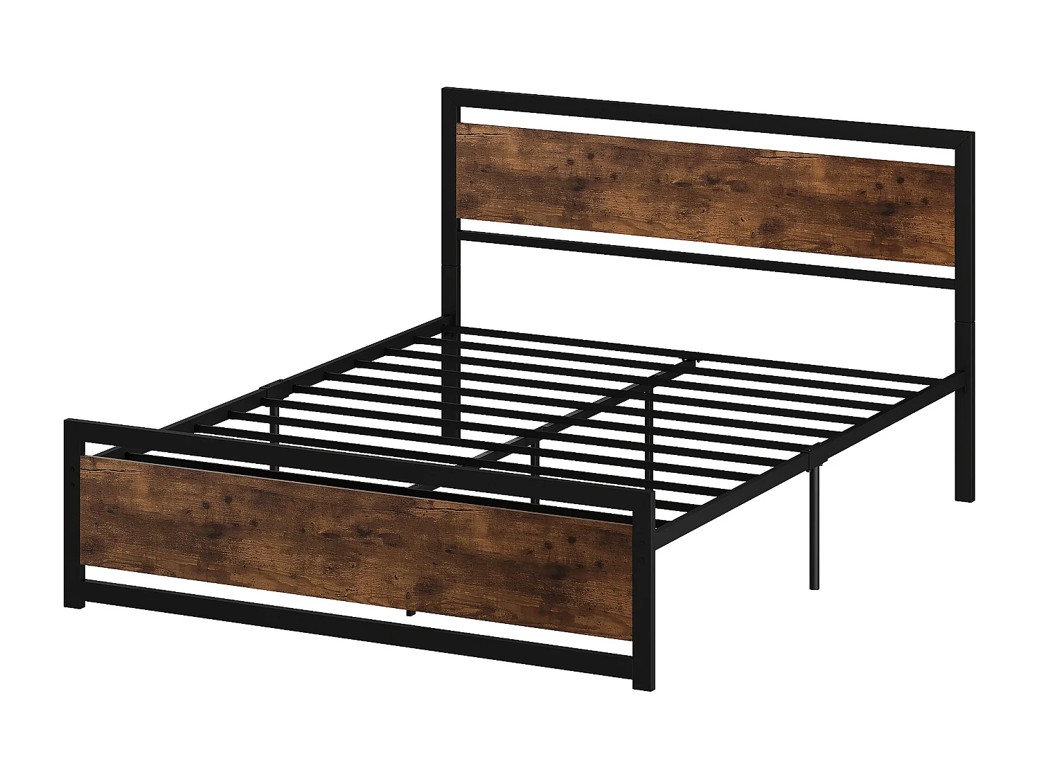 Lit double design industriel - tête de lit, pied de lit et sommier - acier noir MDF aspect bois avec veinage