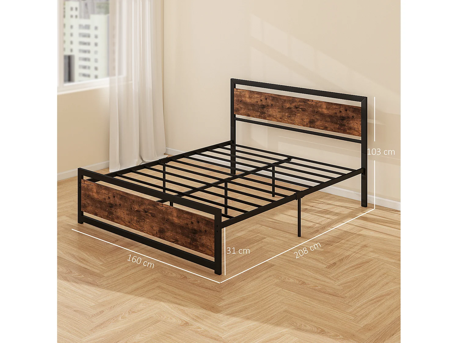 Lit double design industriel - tête de lit, pied de lit et sommier - acier noir MDF aspect bois avec veinage