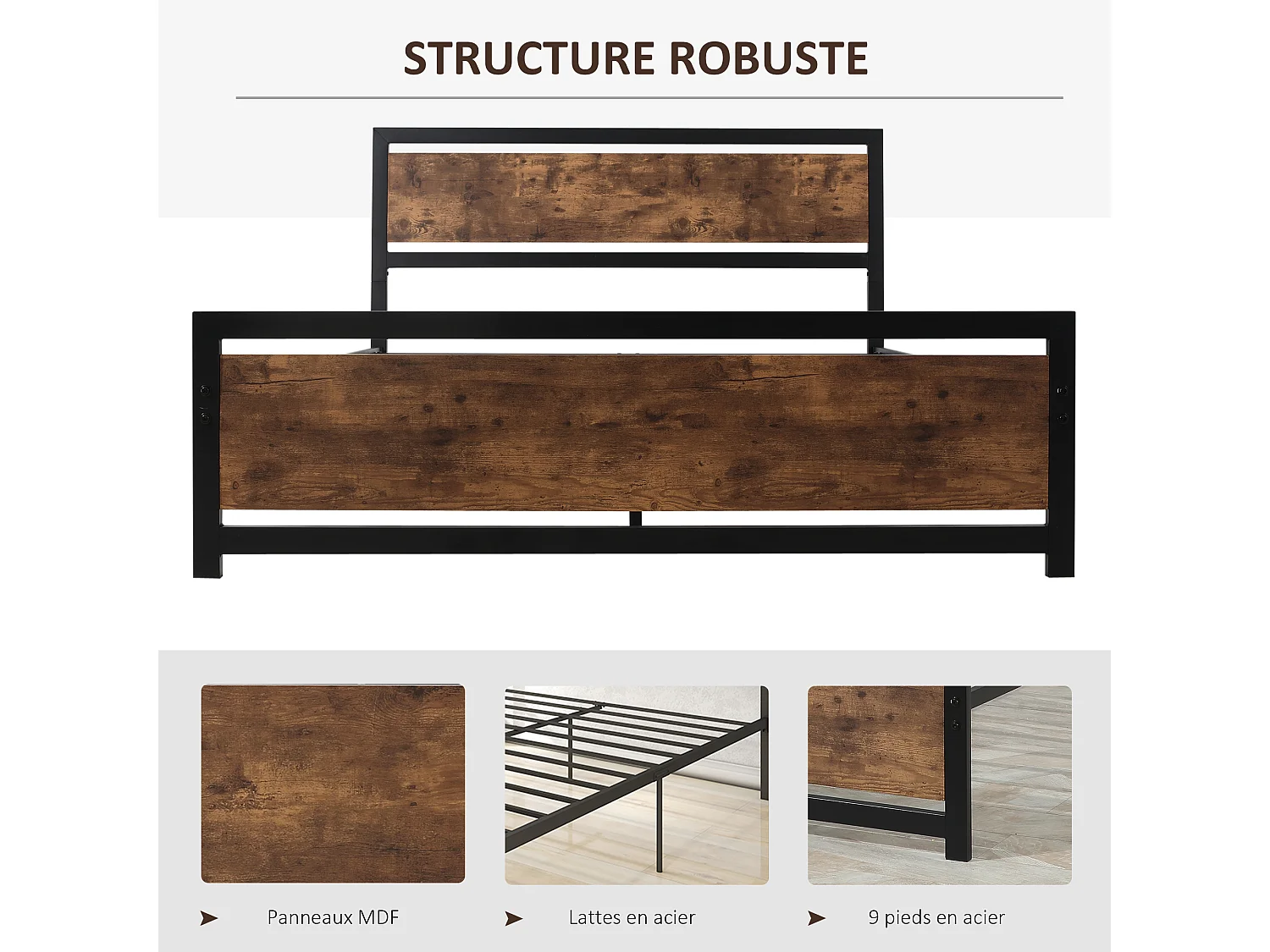 Lit double design industriel - tête de lit, pied de lit et sommier - acier noir MDF aspect bois avec veinage