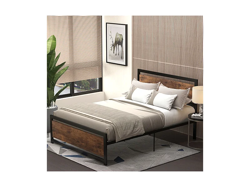 Lit double design industriel - tête de lit, pied de lit et sommier - acier noir MDF aspect bois avec veinage