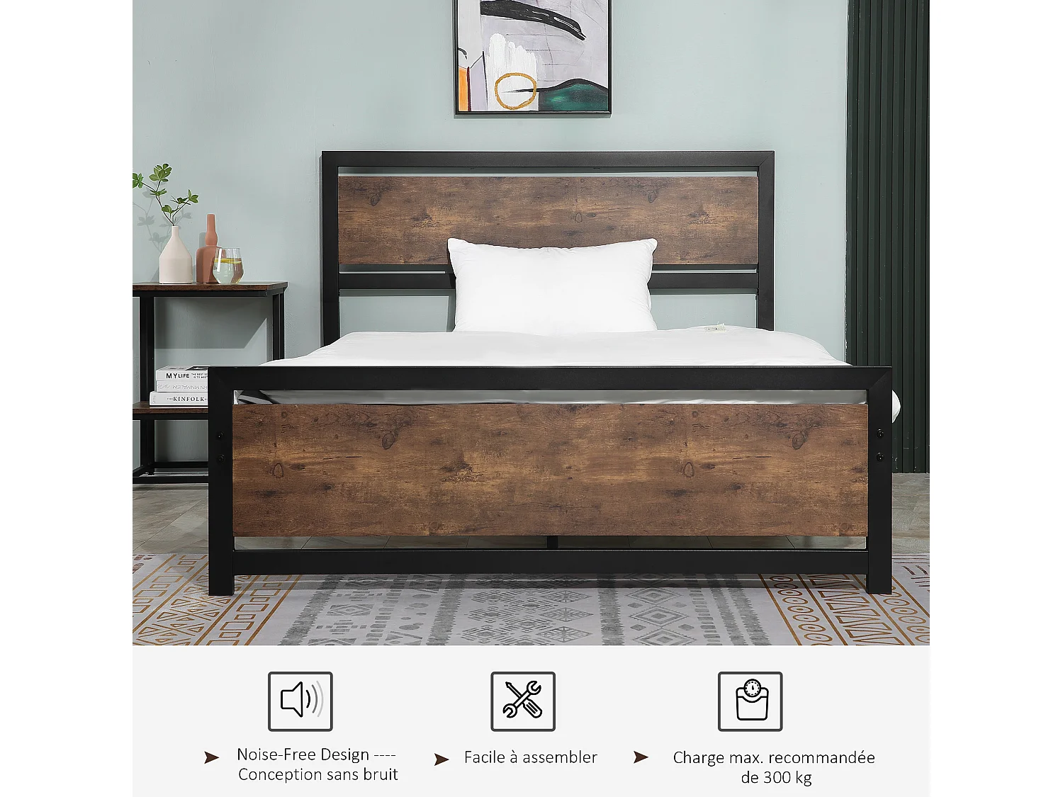 Lit double design industriel - tête de lit, pied de lit et sommier - acier noir MDF aspect bois avec veinage