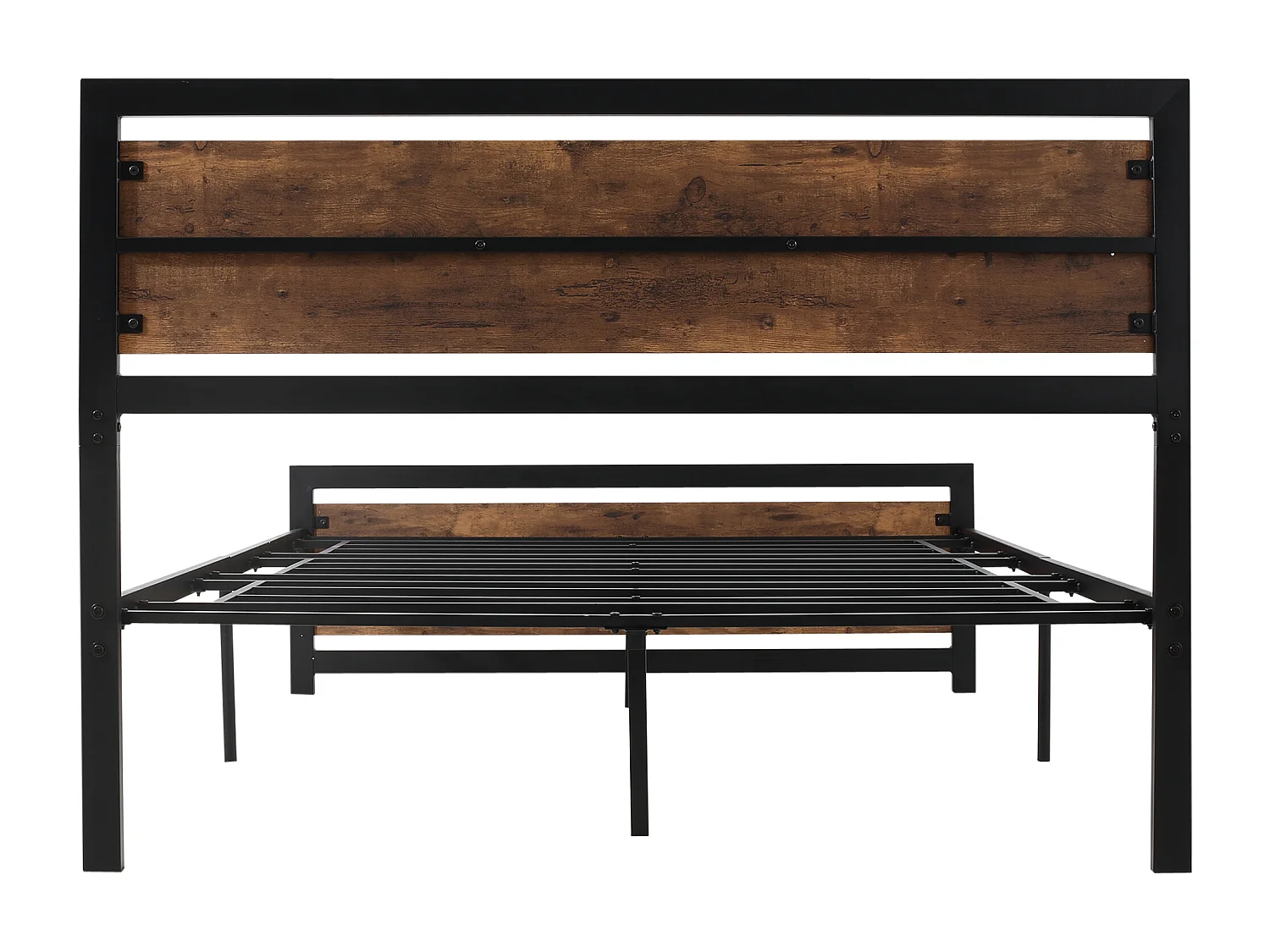 Lit double design industriel - tête de lit, pied de lit et sommier - acier noir MDF aspect bois avec veinage