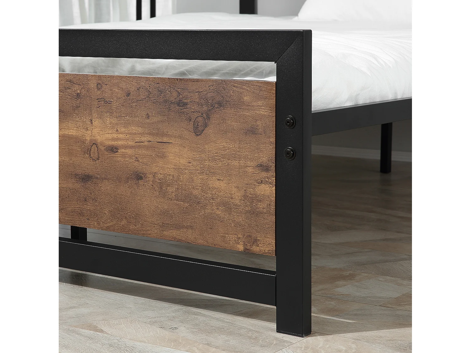Lit double design industriel - tête de lit, pied de lit et sommier - acier noir MDF aspect bois avec veinage