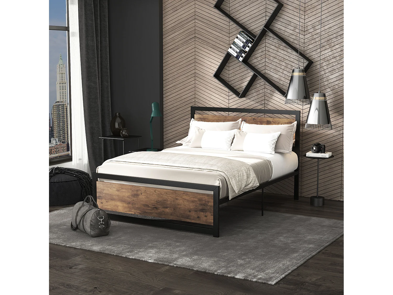 Lit double design industriel - tête de lit, pied de lit et sommier - acier noir MDF aspect bois avec veinage