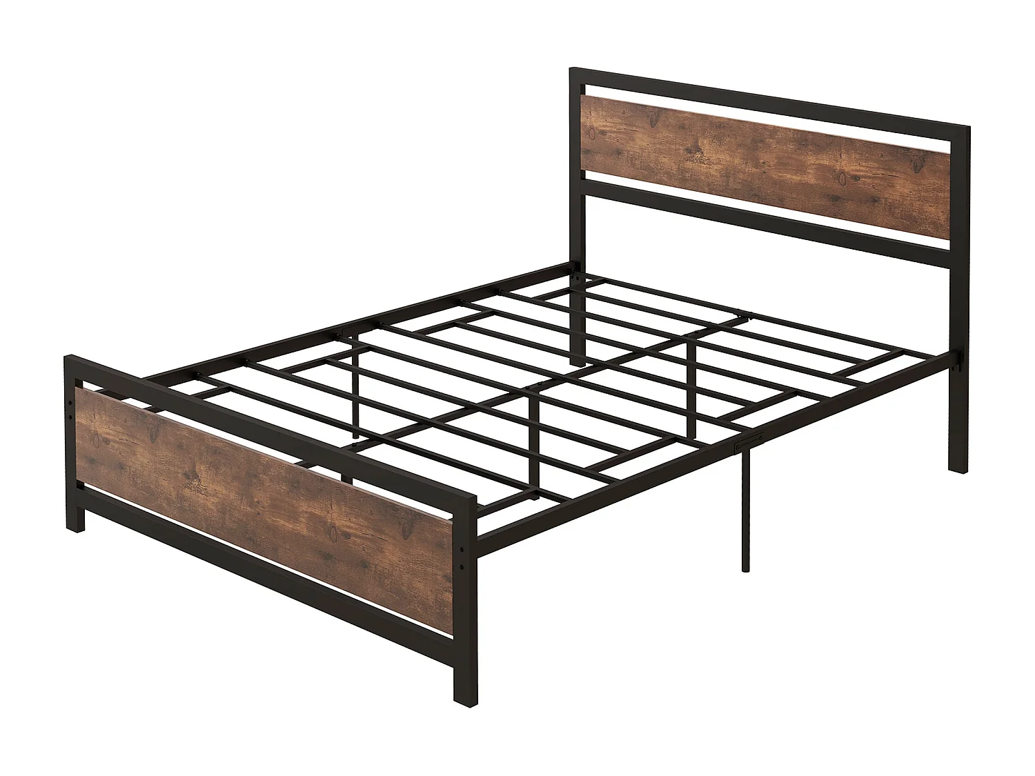 Lit double design industriel - tête de lit, pied de lit et sommier - acier noir MDF aspect bois avec veinage