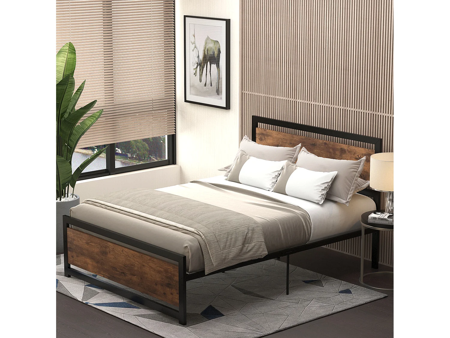 Lit double design industriel - tête de lit, pied de lit et sommier - acier noir MDF aspect bois avec veinage