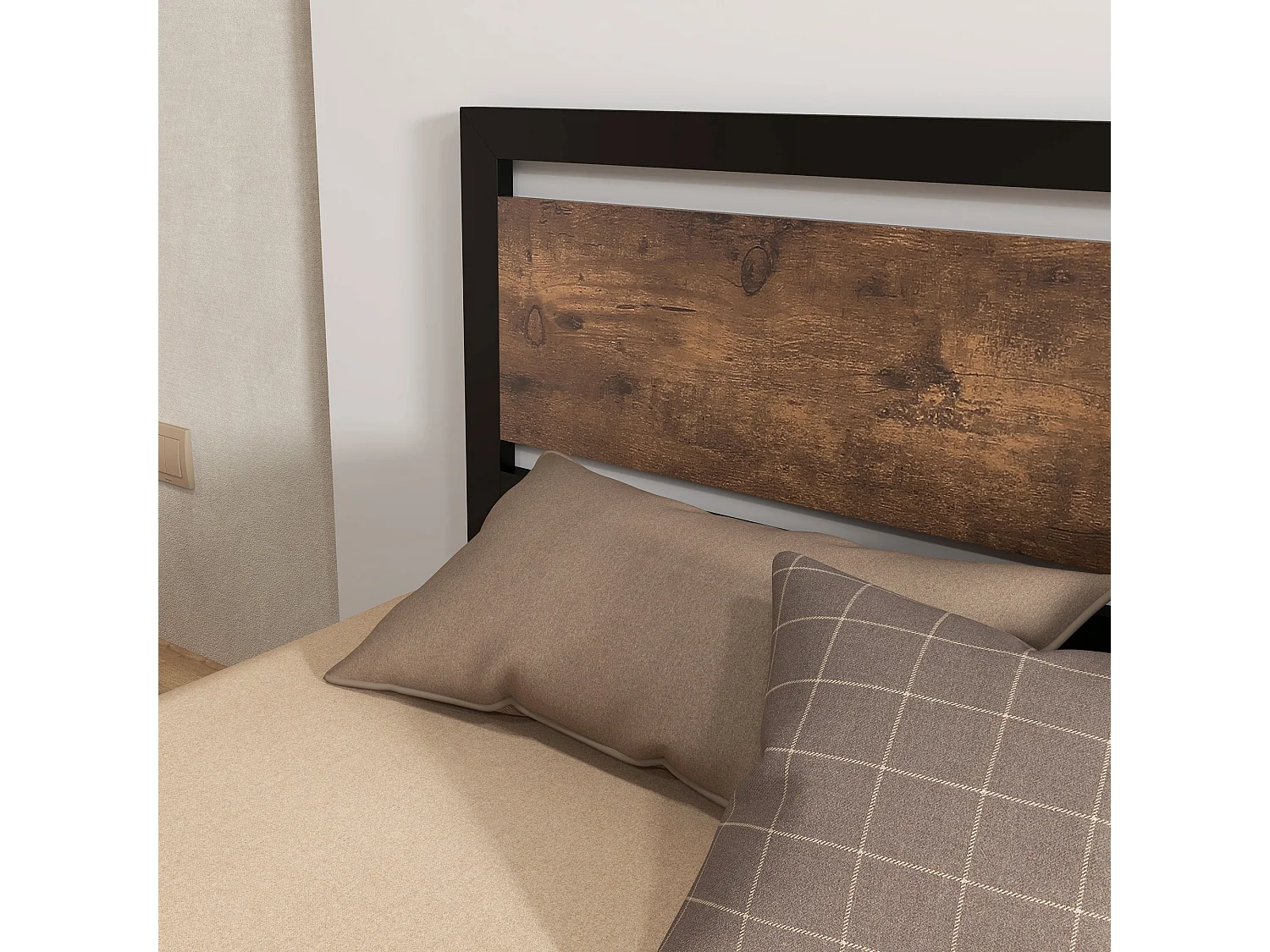 Lit double design industriel - tête de lit, pied de lit et sommier - acier noir MDF aspect bois avec veinage