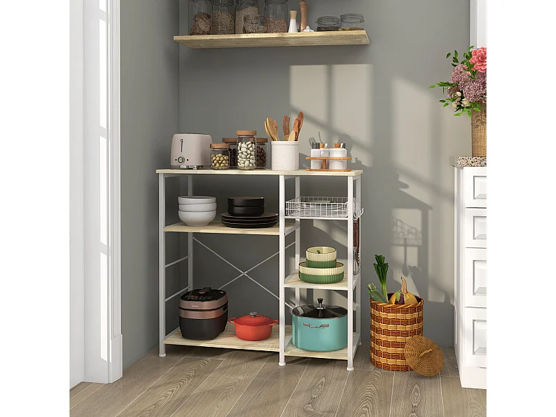 Rangement étagère de cuisine 4 étagères panier métal 4 crochets à ustensiles acier blanc aspect chêne clair