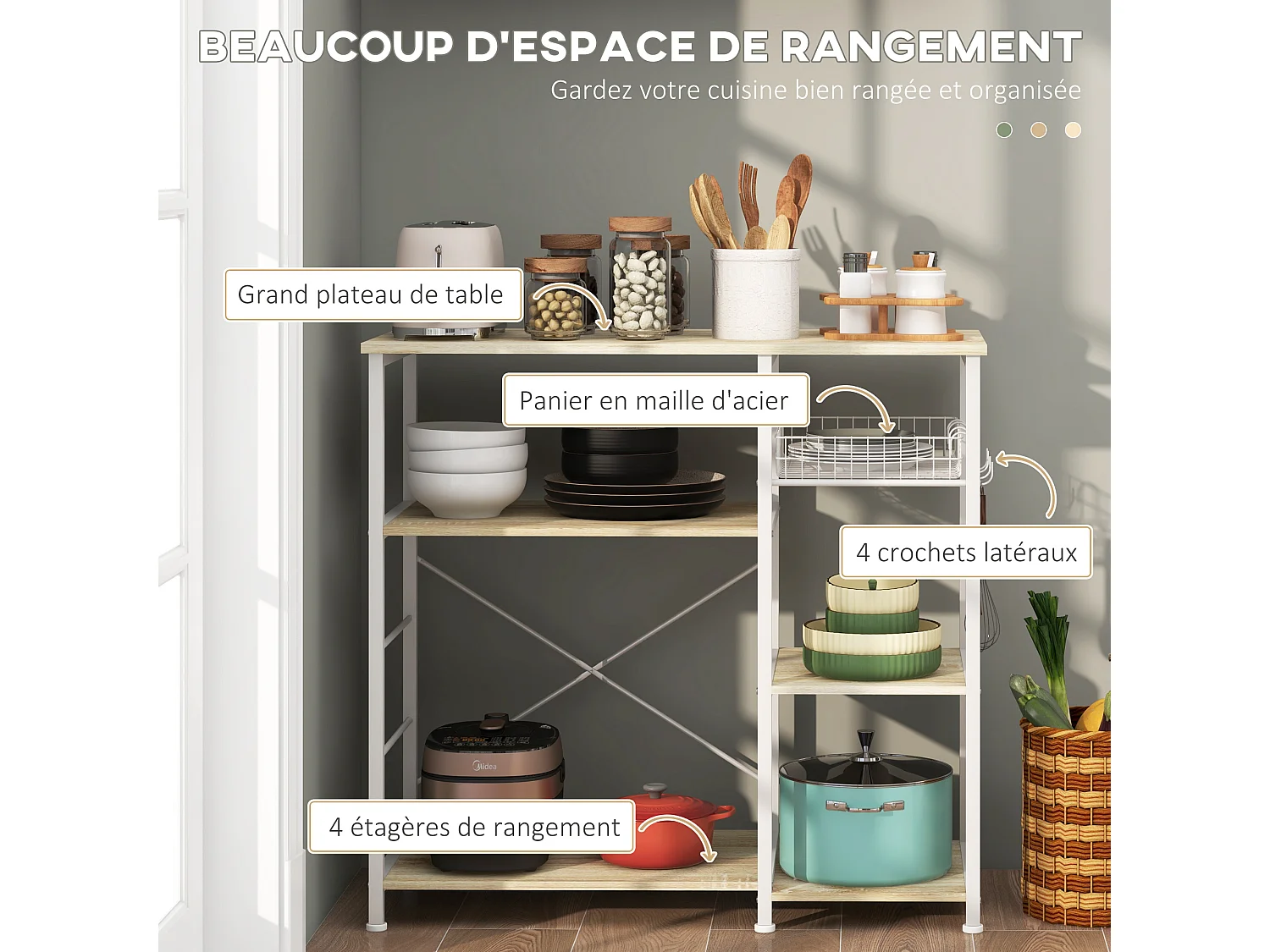 Rangement étagère de cuisine 4 étagères panier métal 4 crochets à ustensiles acier blanc aspect chêne clair