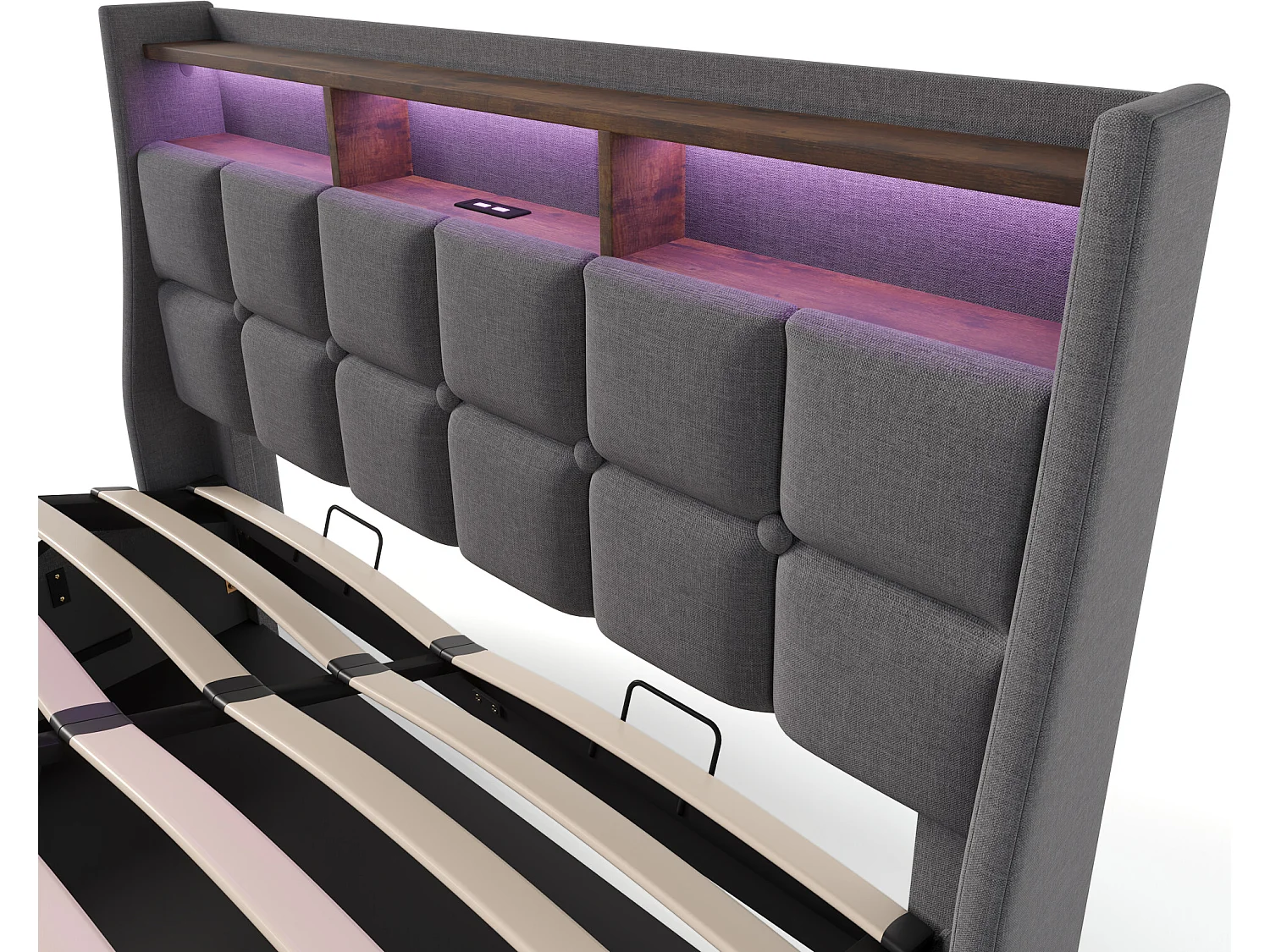 Bett mit Stauraum aus Leinen 140x200cm mit LED und USB-Anschlüssen – Lattenrost – Grau