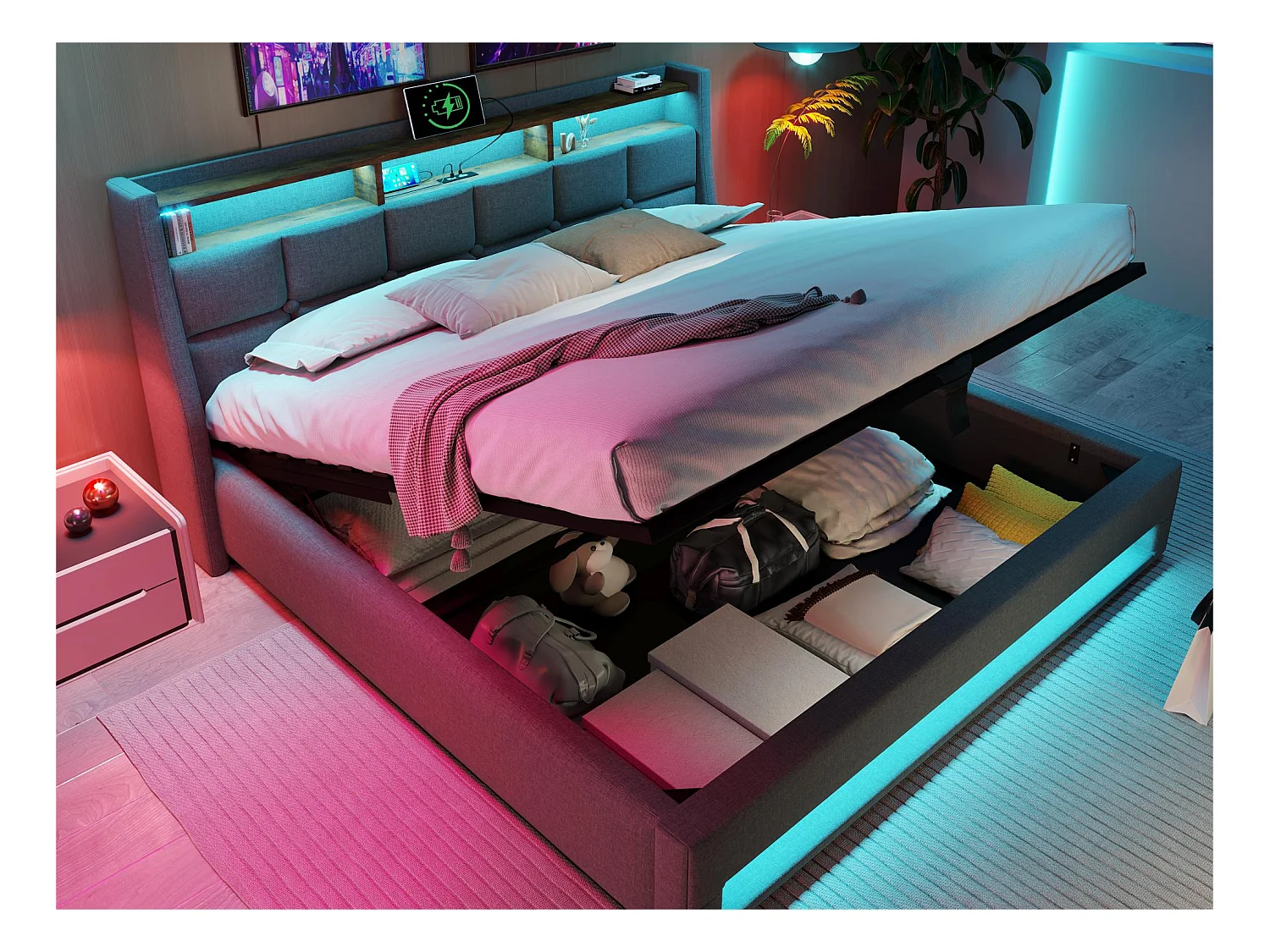 Lit coffre en lin 140x200cm avec LED et ports USB - sommier à lattes - gris