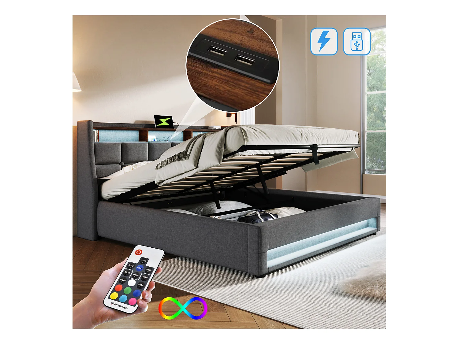 Cama con almacenaje de lino 140x200 cm con LED y puertos USB - somier - gris